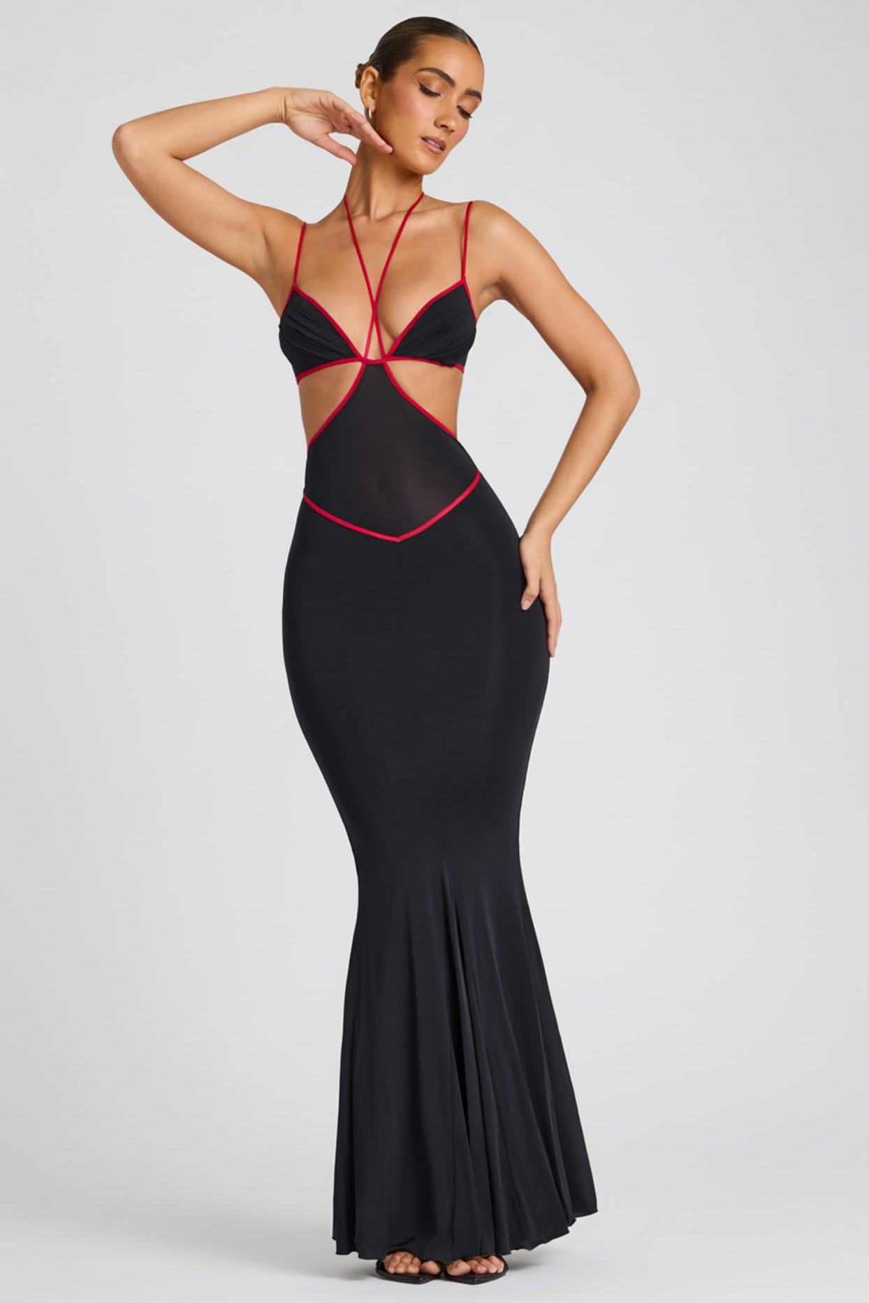Contrast Binding Cut Out Evening Gown in Black - 8