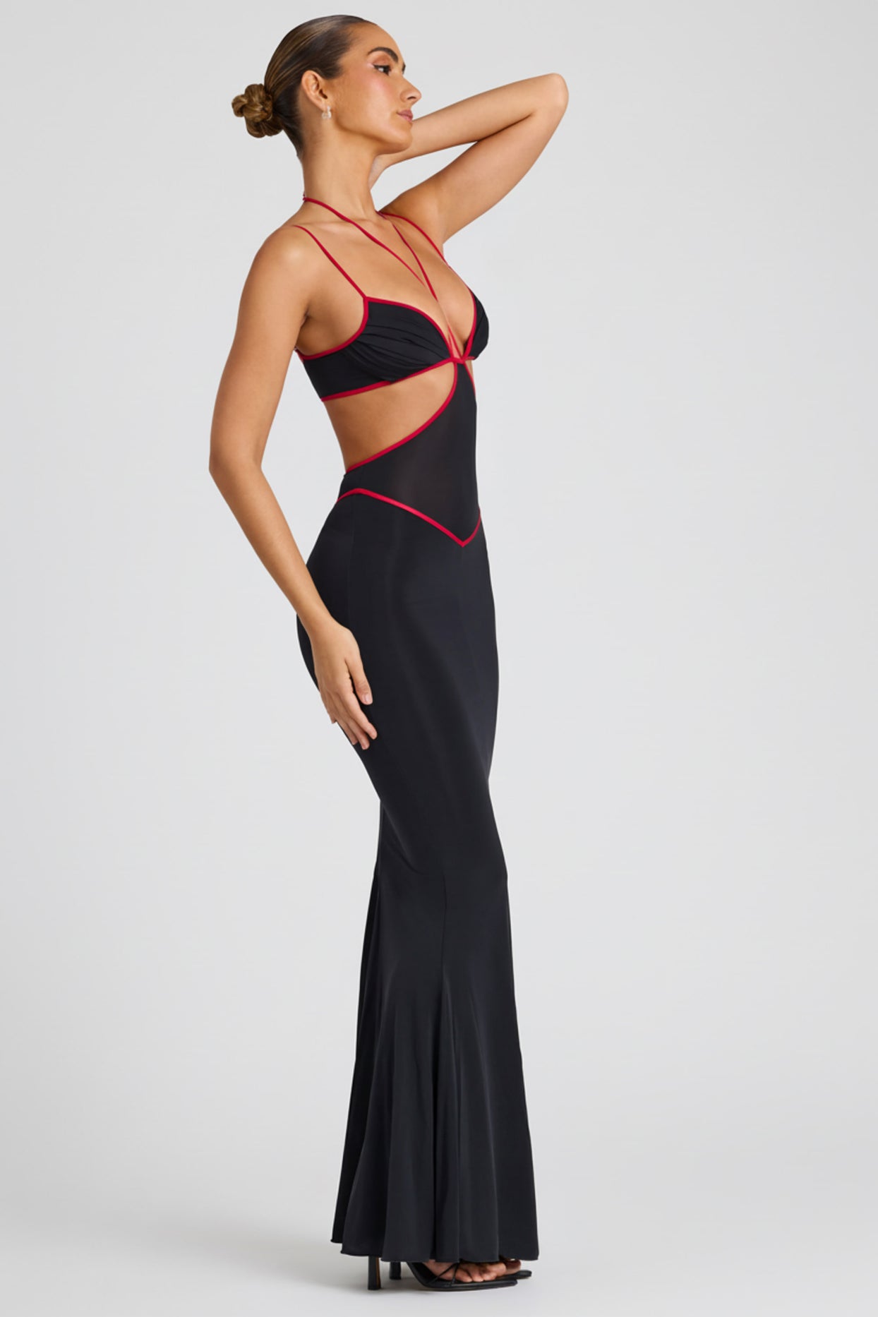 Contrast Binding Cut Out Evening Gown in Black - 3