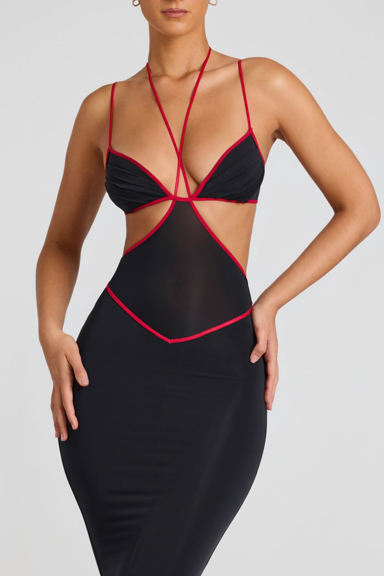 Contrast Binding Cut Out Evening Gown in Black - 4