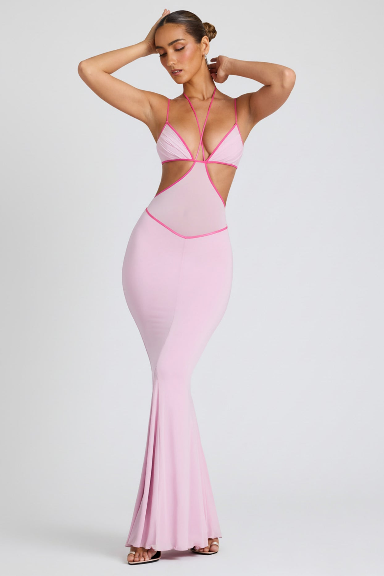 Oh Polly's Tori wearing the Bella Gown Length Dress in Soft Pink Sheer Jersey fabric perfect for formal garden parties