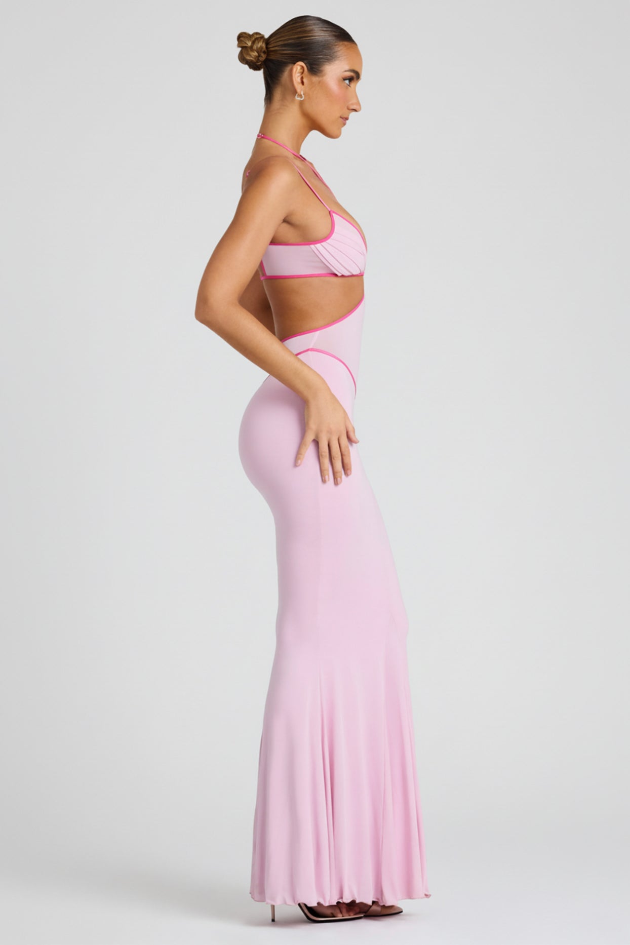 Oh Polly's Tori wearing the Bella Gown Length Dress in Soft Pink Sheer Jersey fabric perfect for cocktail receptions