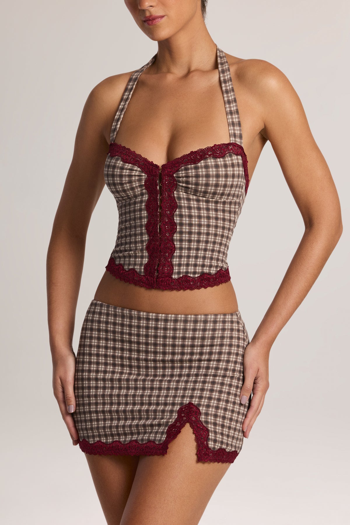 Modal Lace-Trim Halterneck Top in Square Check Print