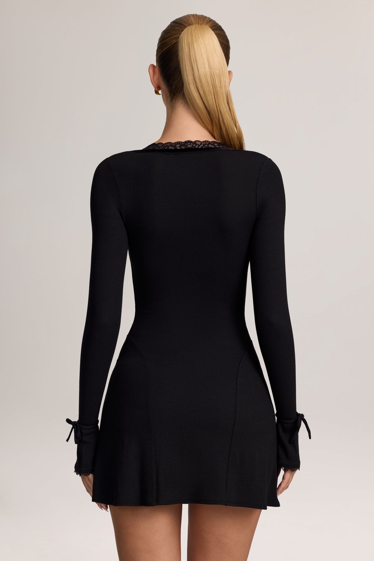 Ribbed Modal Lace-Trim Mini Dress in Black
