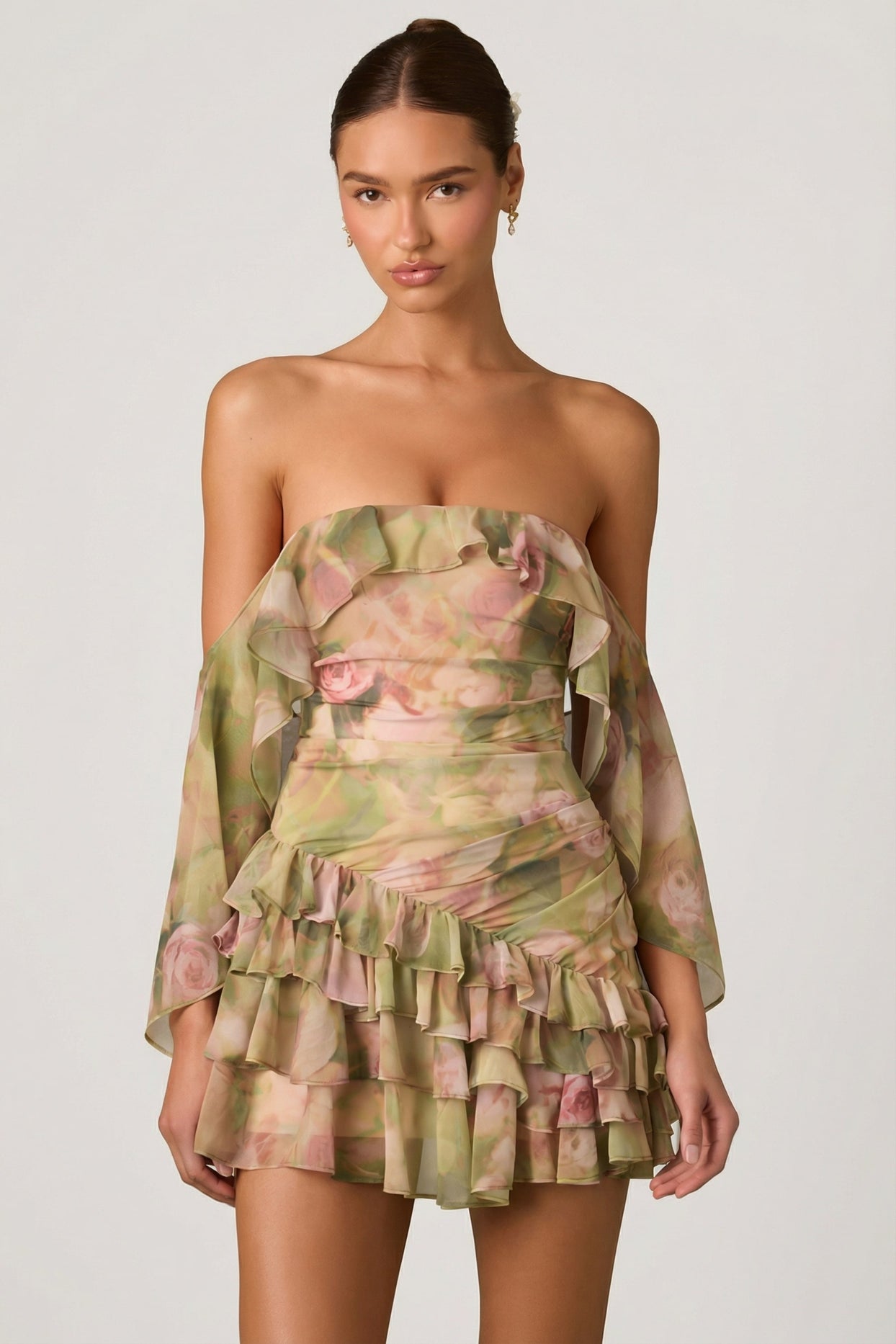 Off-Shoulder Ruffled Mini Dress in Floral Multi Print - 7