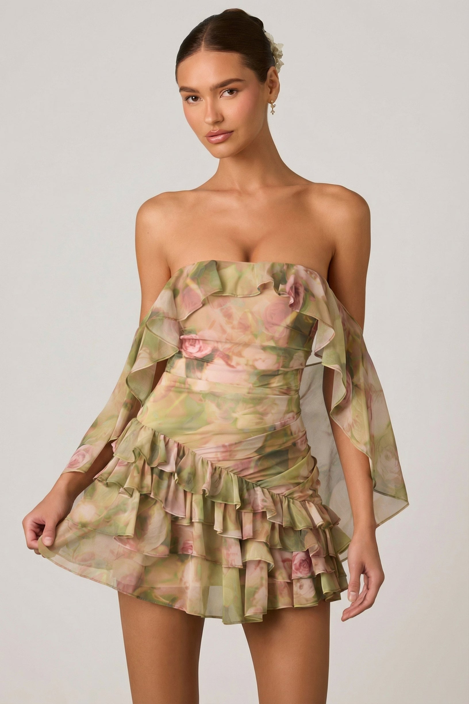 Off-Shoulder Ruffled Mini Dress in Floral Multi Print - 1