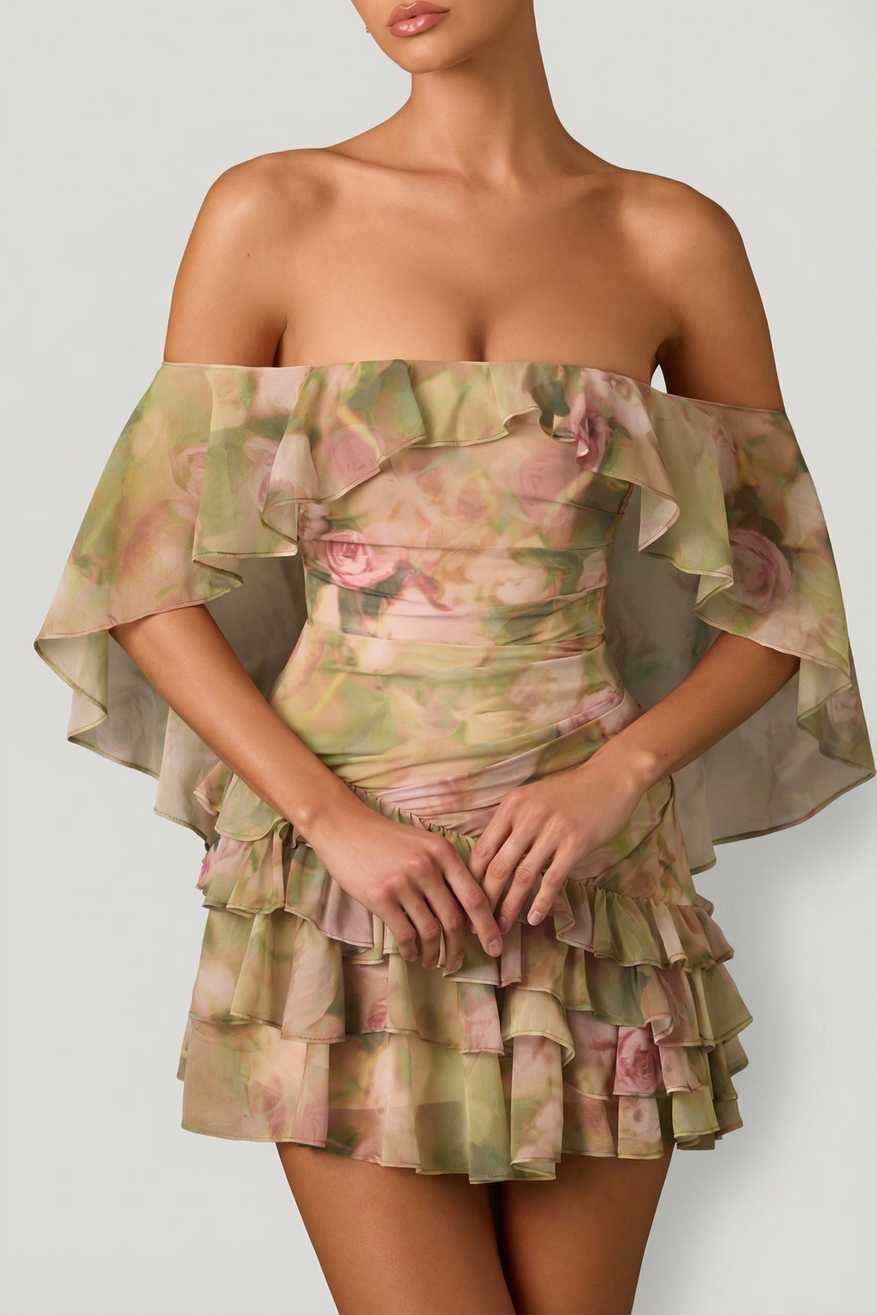 Off-Shoulder Ruffled Mini Dress in Floral Multi Print - 3