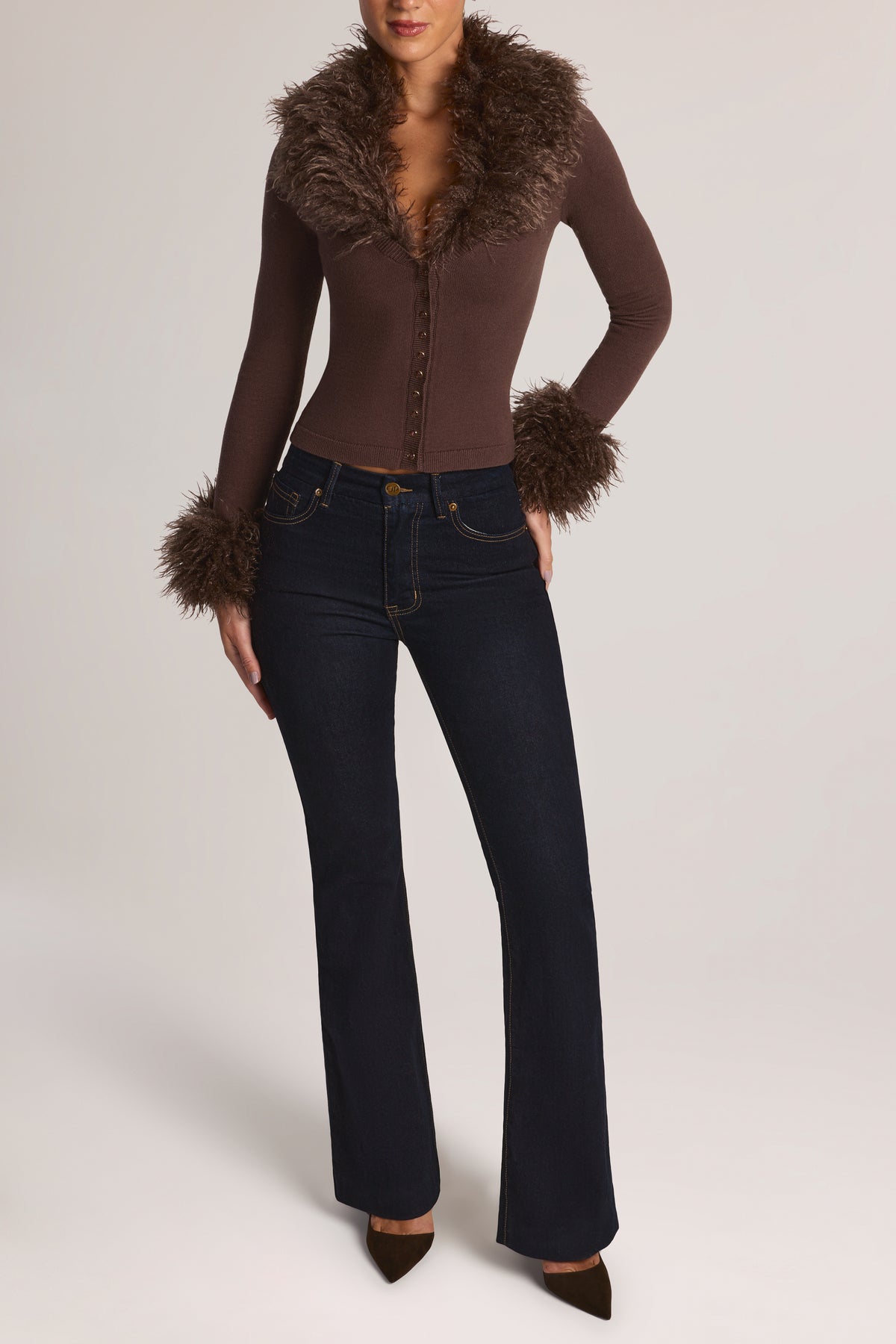 Mongolian Fur-Trim Cardigan in Chocolate Brown