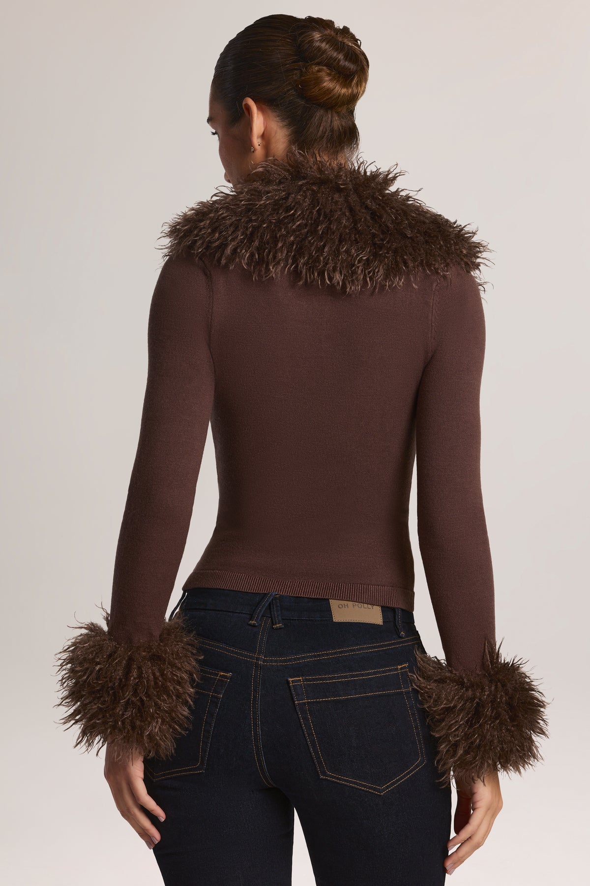 Mongolian Fur-Trim Cardigan in Chocolate Brown