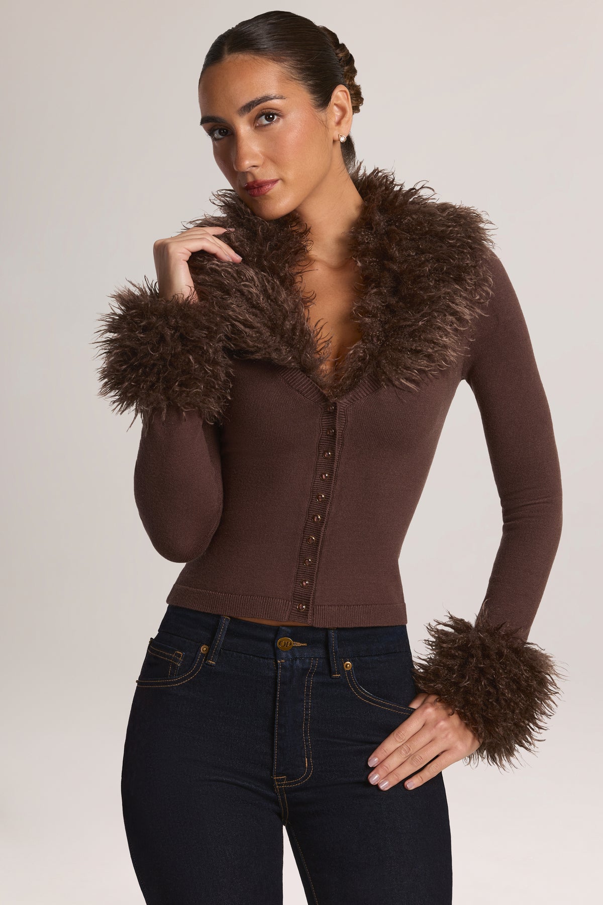 Mongolian Fur-Trim Cardigan in Chocolate Brown