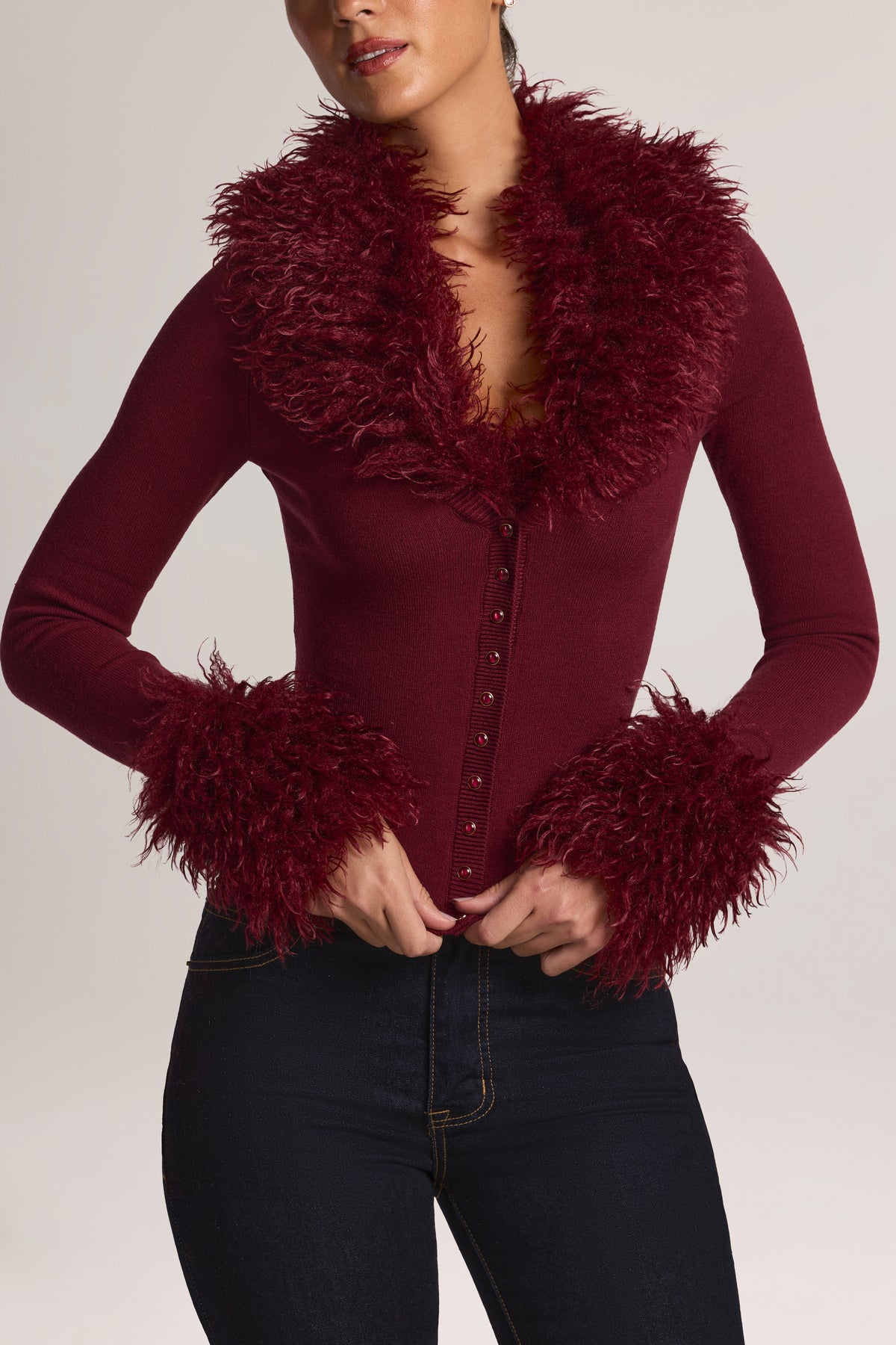 Mongolian Fur-Trim Cardigan in Wine