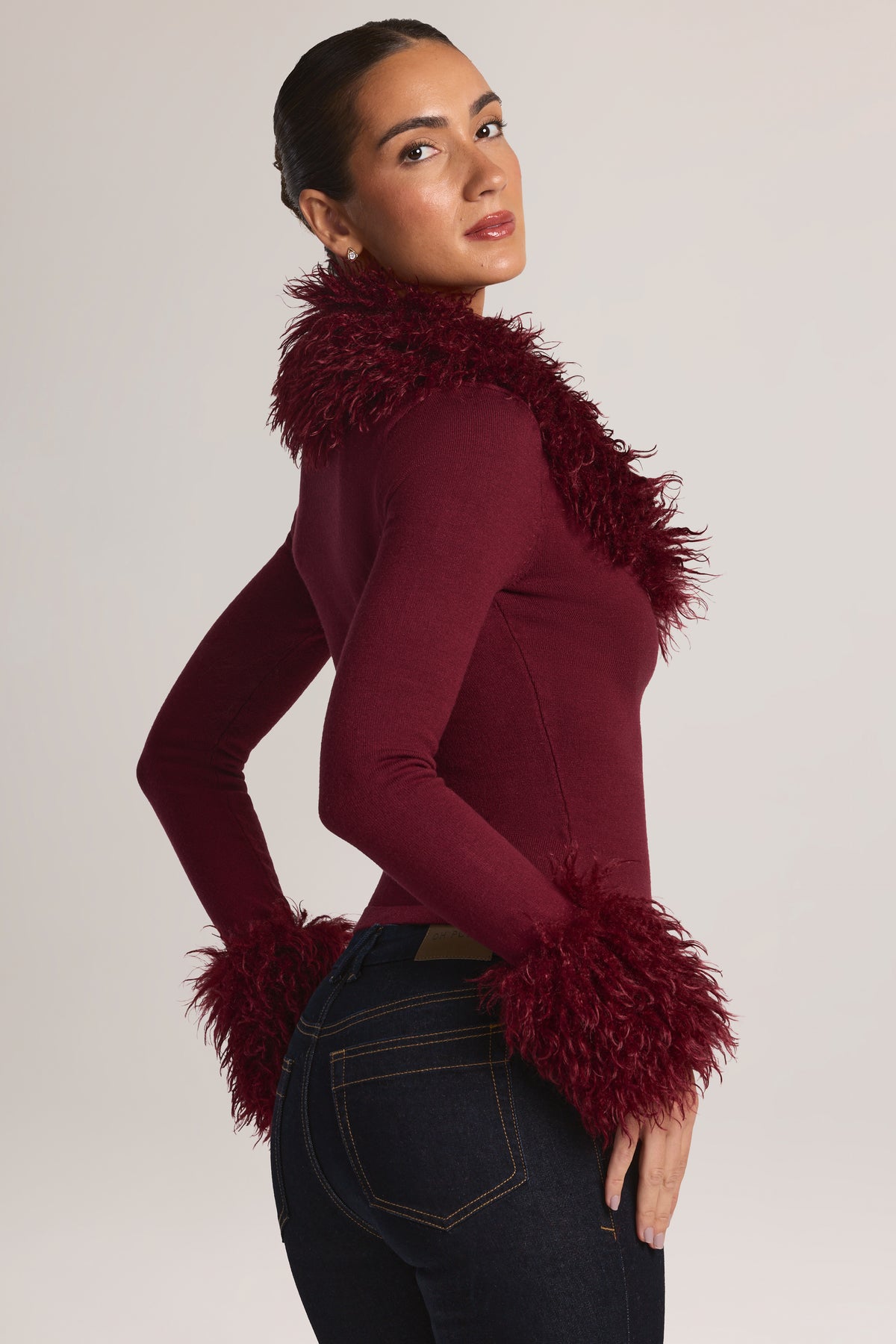 Mongolian Fur-Trim Cardigan in Wine