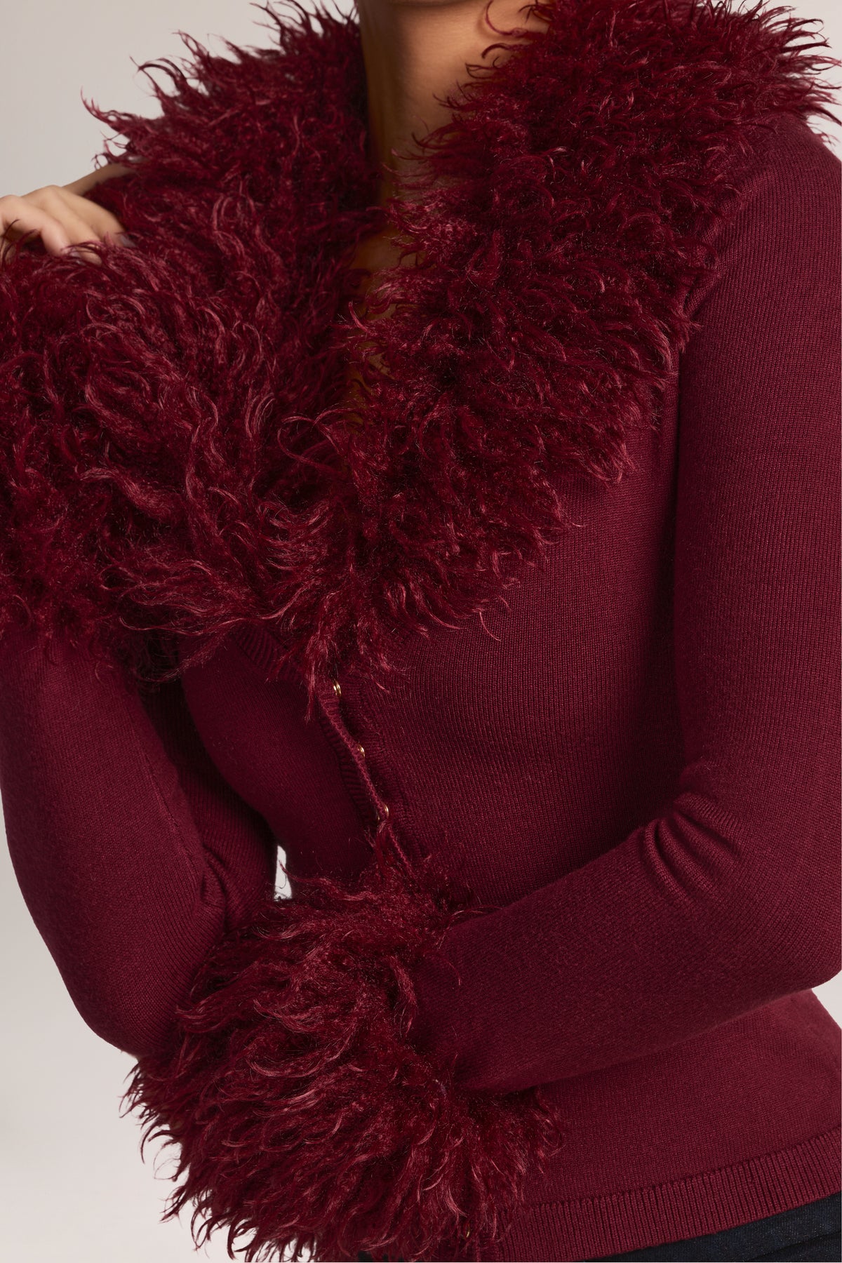 Mongolian Fur-Trim Cardigan in Wine