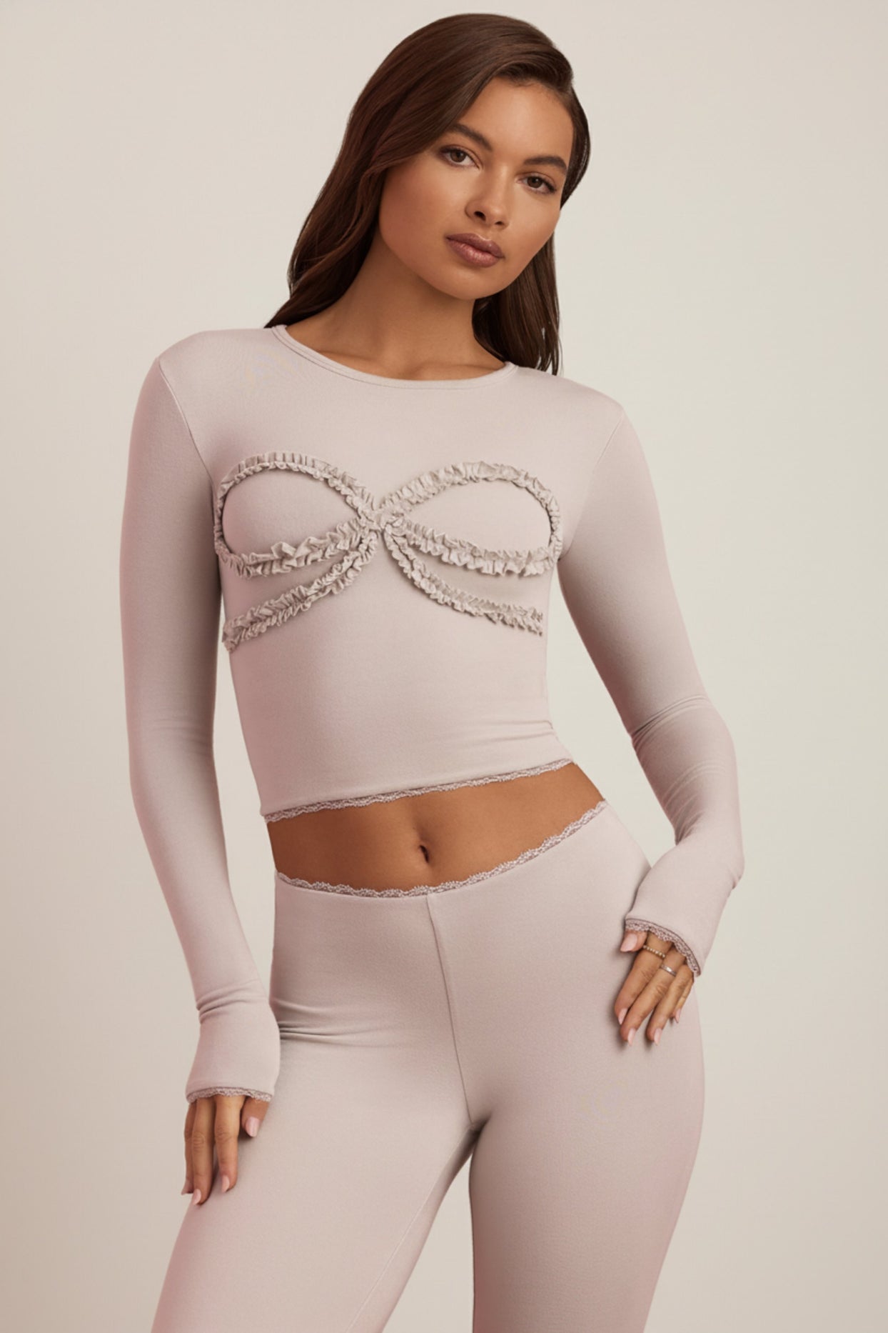 Modal Lace-Trim Appliqué Pyjama Top in Cloud Grey - 1