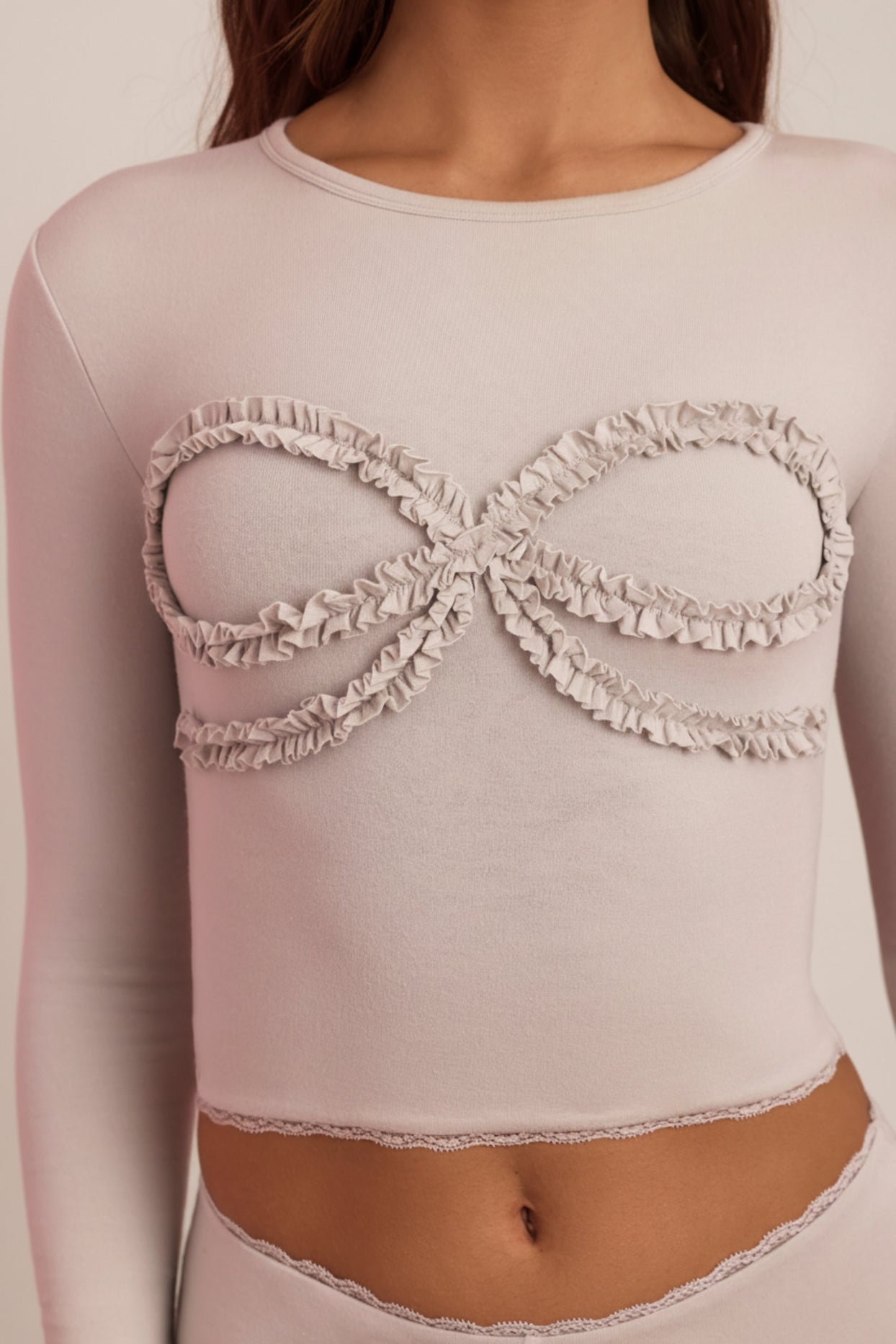 Modal Lace-Trim Appliqué Pyjama Top in Cloud Grey - 4