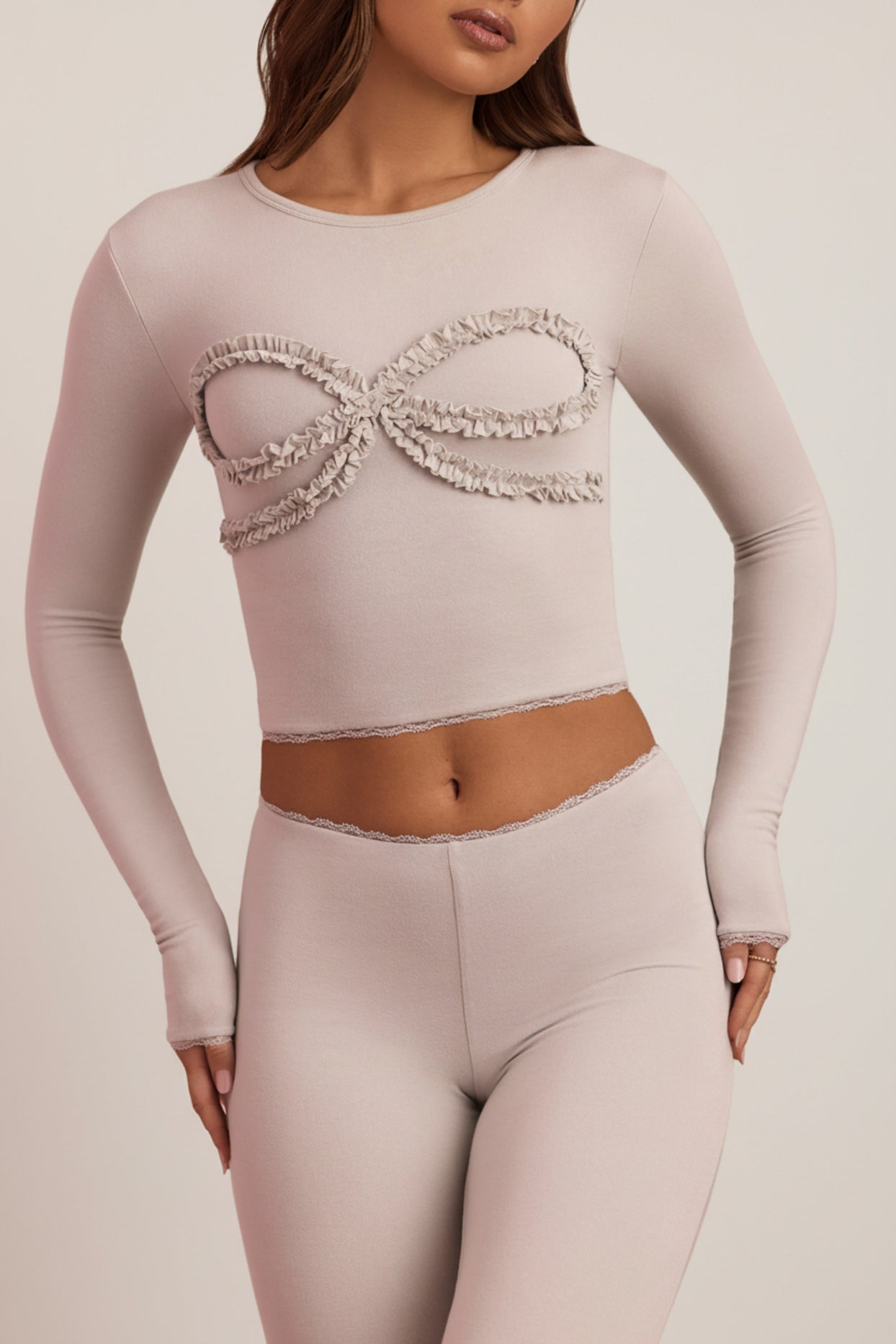 Modal Lace-Trim Appliqué Pyjama Top in Cloud Grey - 5