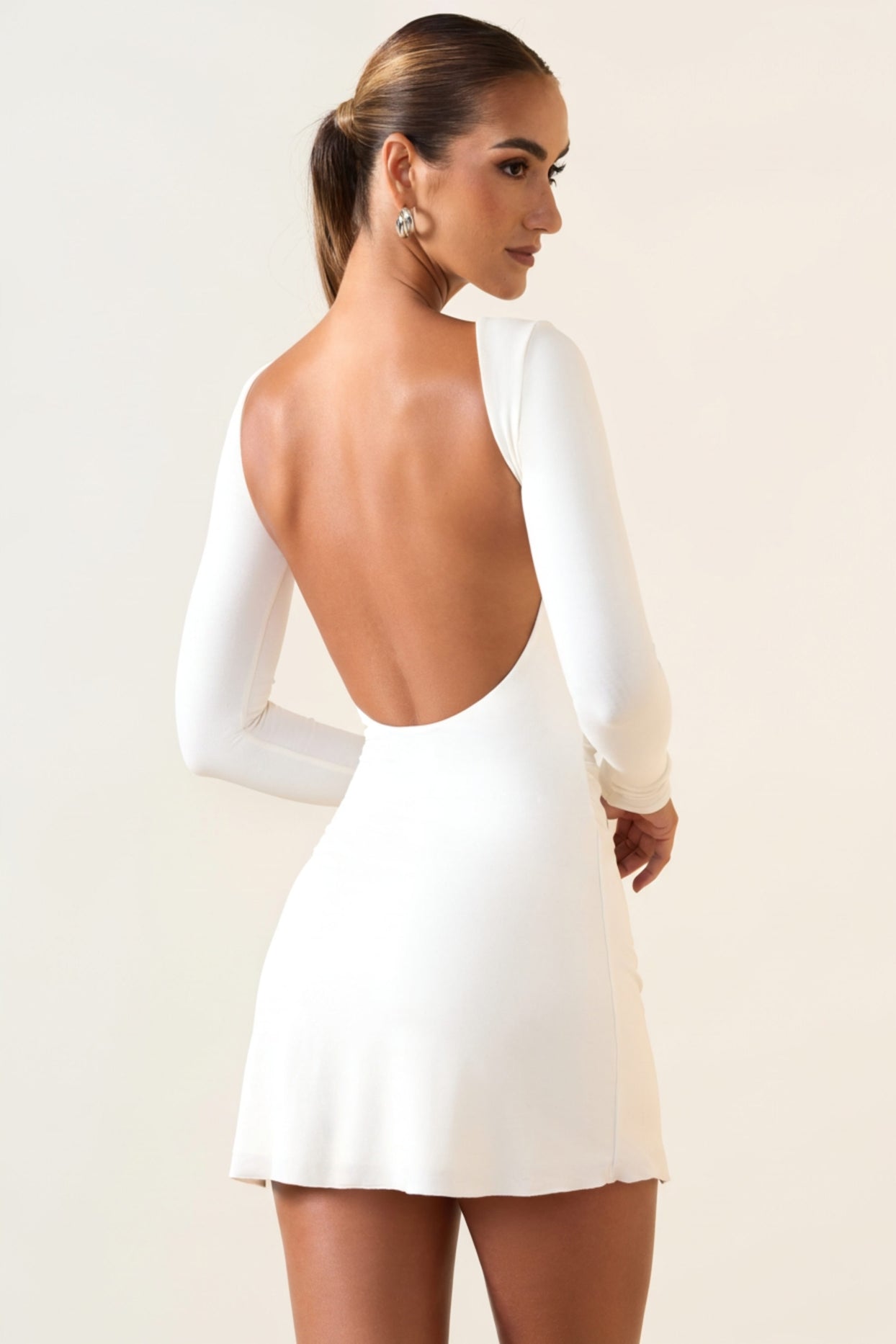 Modal Ruched Open-Back Mini Dress in White - 5