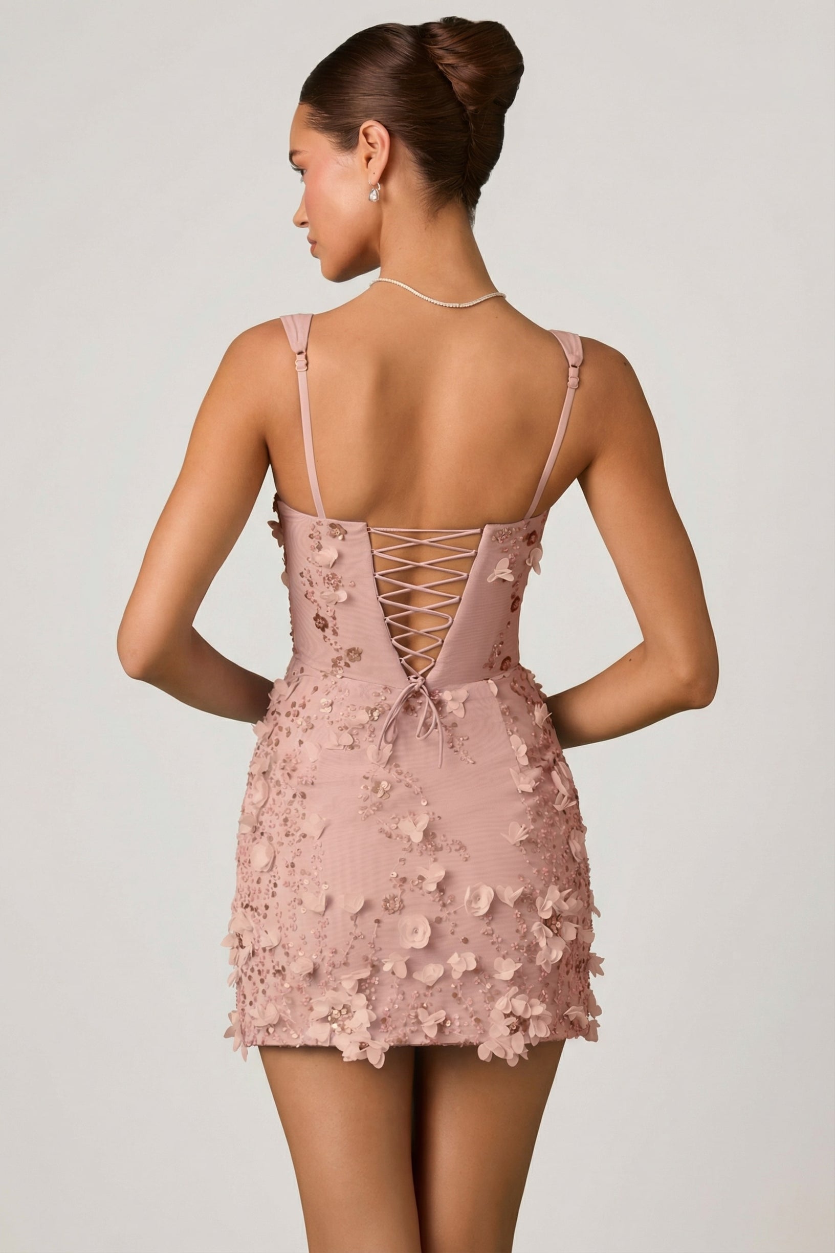 Embellished Appliqué Corset Mini Dress in Dusty Rose - 2
