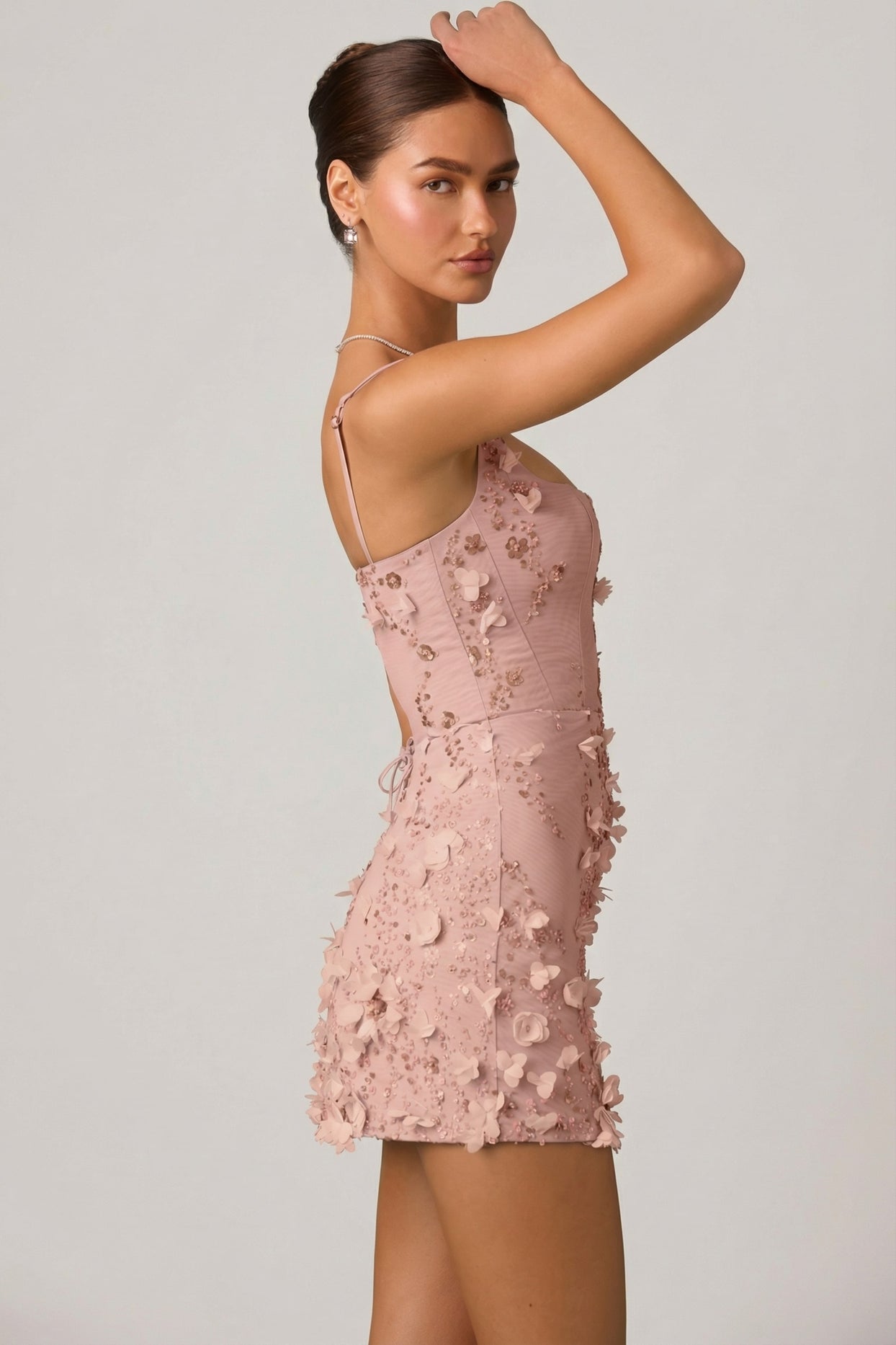 Embellished Appliqué Corset Mini Dress in Dusty Rose - 5