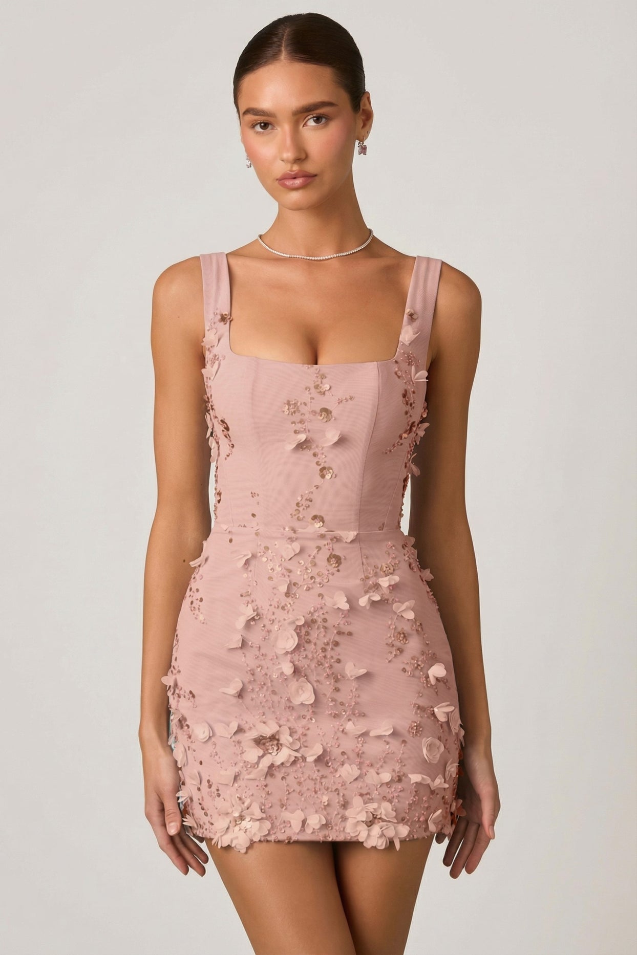 Embellished Appliqué Corset Mini Dress in Dusty Rose - 6