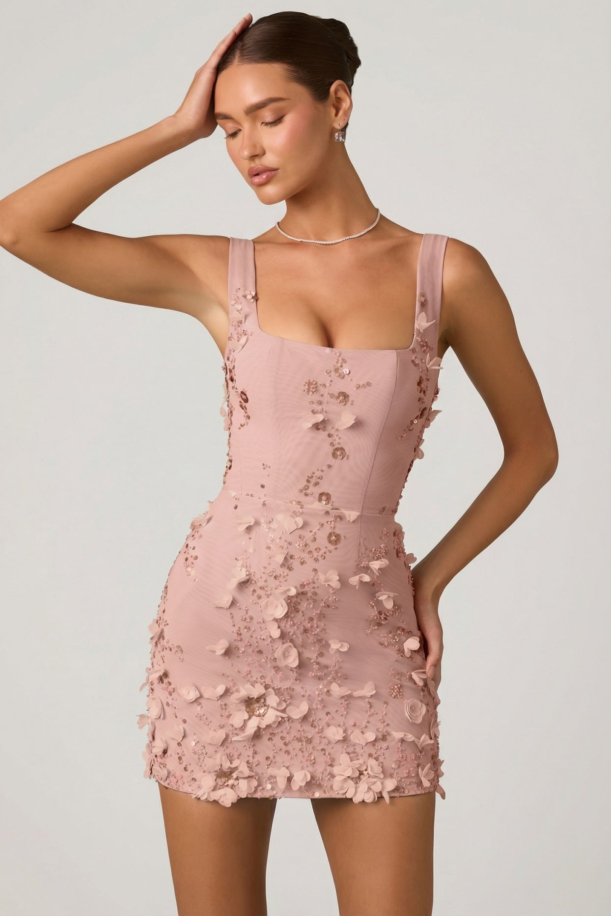 Embellished Appliqué Corset Mini Dress in Dusty Rose - 7