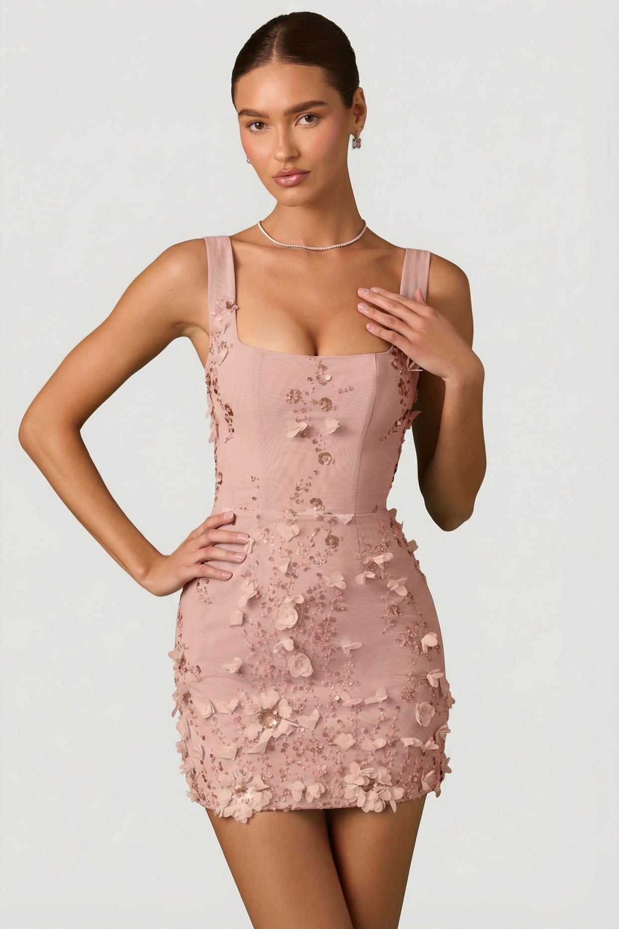 Embellished Appliqué Corset Mini Dress in Dusty Rose - 8