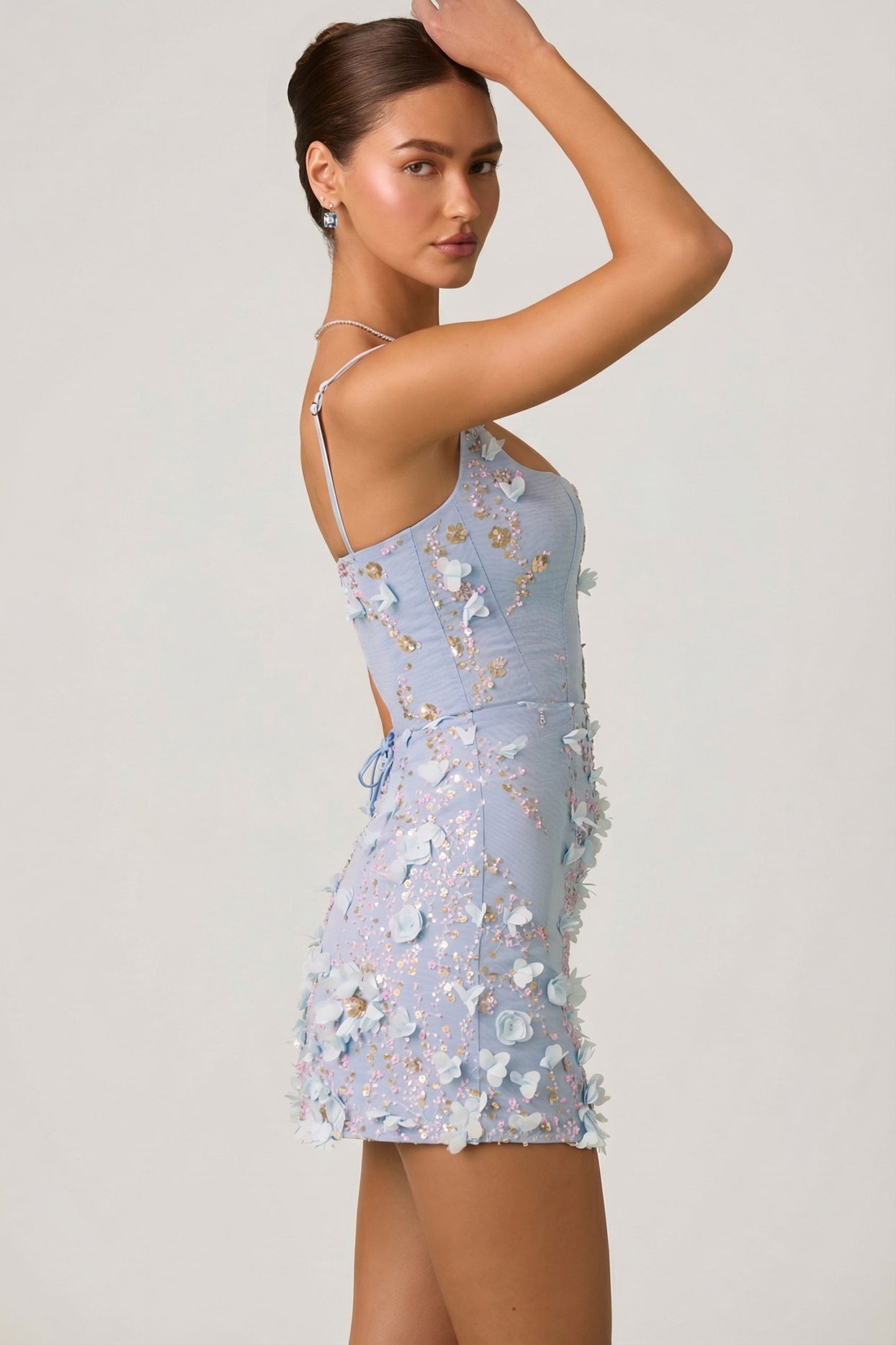 Embellished Appliqué Corset Mini Dress in Sky Blue - 5