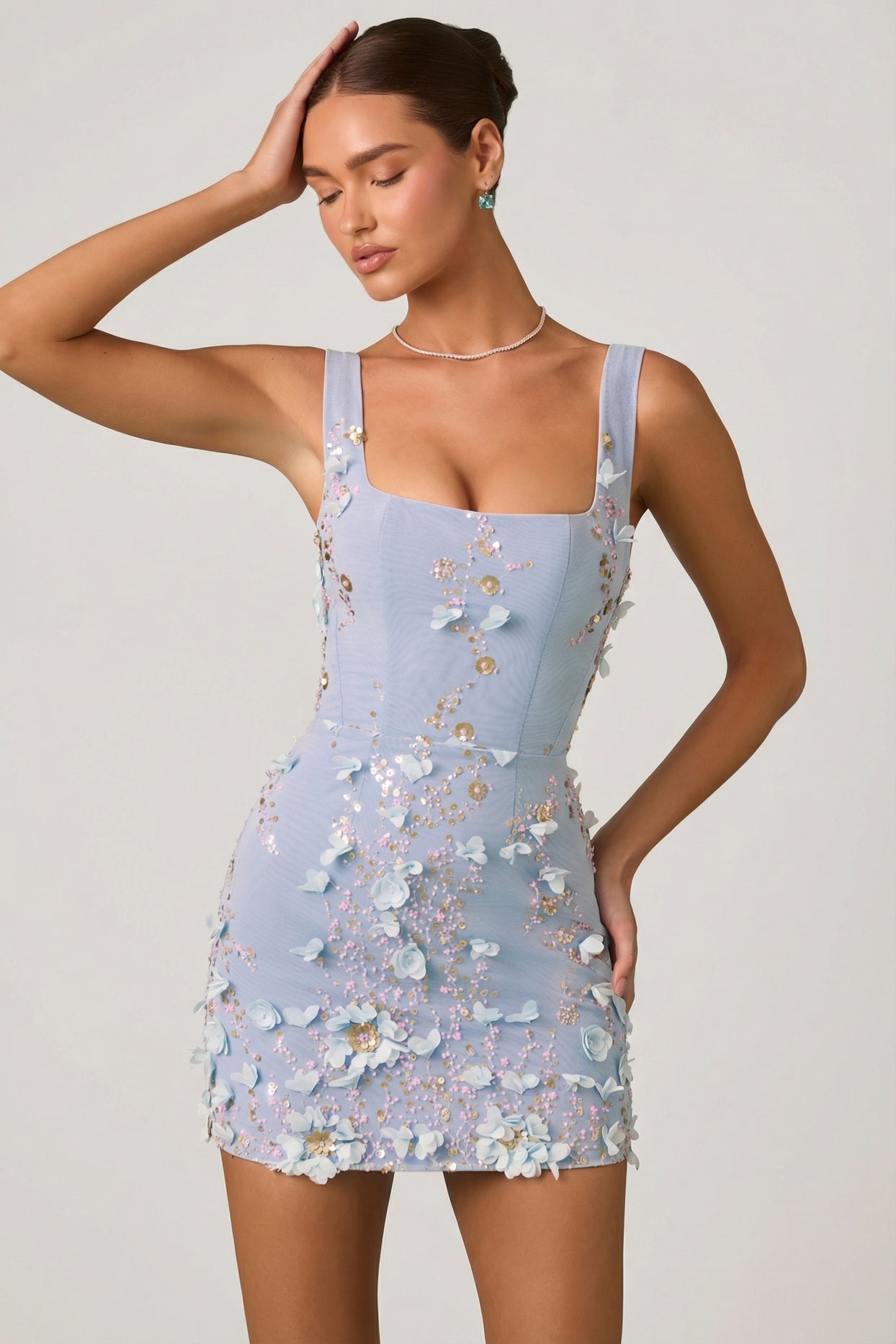 Embellished Appliqué Corset Mini Dress in Sky Blue - 7