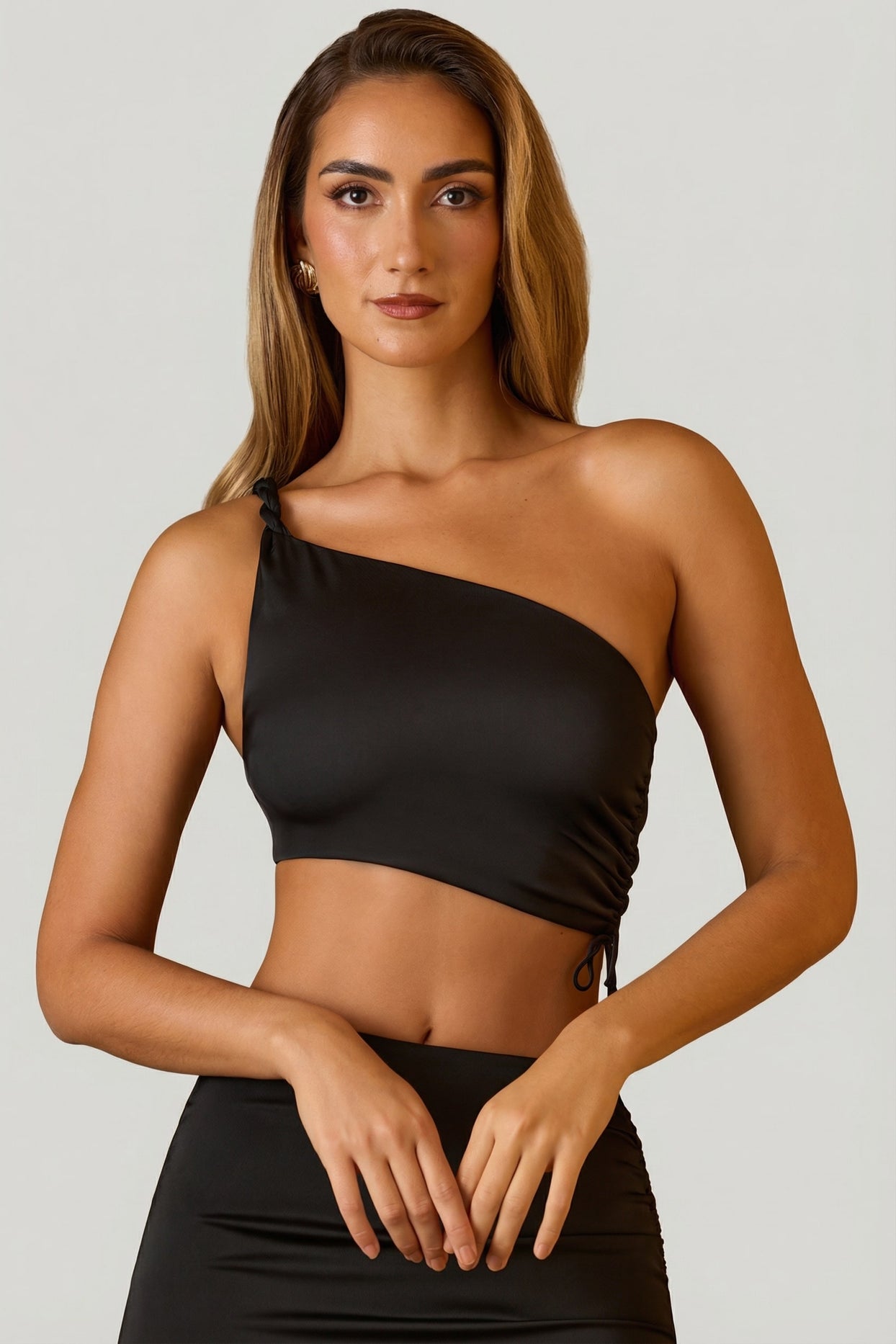 Ruched Asymmetric Crop Top in Black - 5