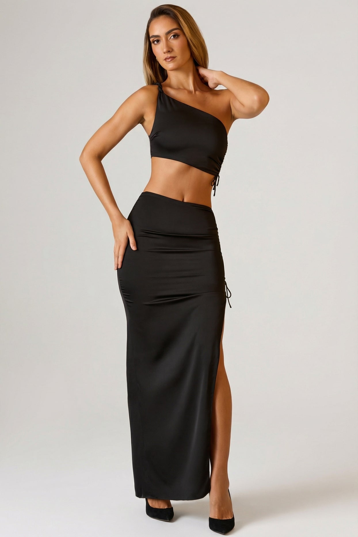 Ruched Asymmetric Crop Top in Black - 6