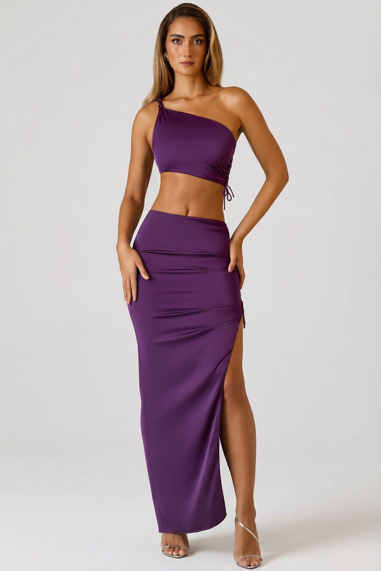 Ruched Asymmetric Crop Top in Plum - 6