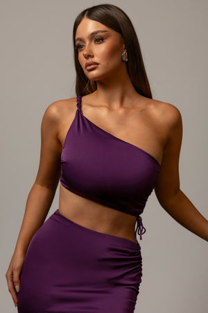 Ruched Asymmetric Crop Top in Plum
