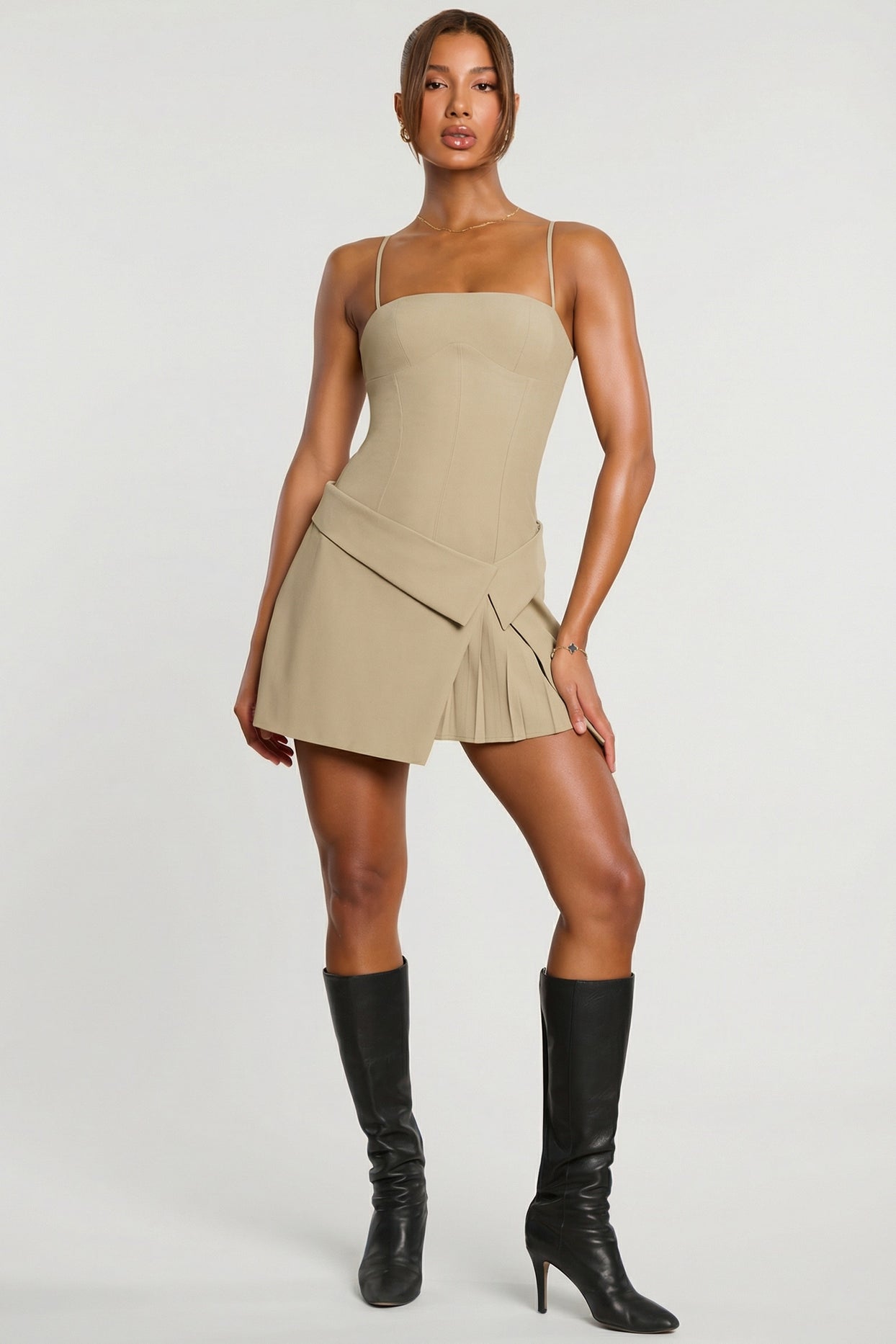 Woven Twill Wrap Over Pleated Mini Dress in Taupe - 4