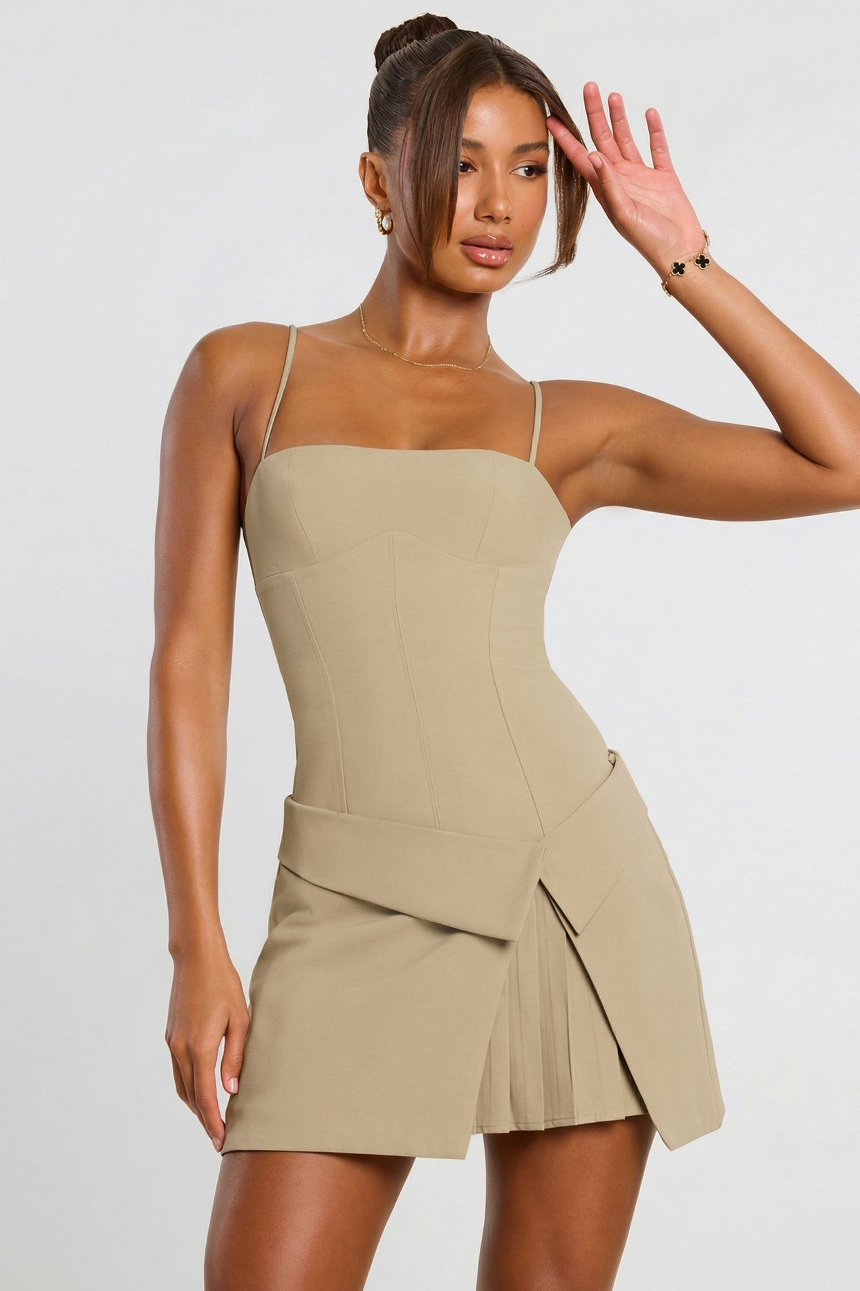 Woven Twill Wrap Over Pleated Mini Dress in Taupe - 1