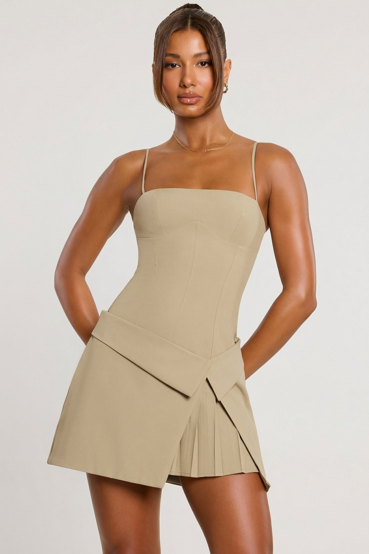 Woven Twill Wrap Over Pleated Mini Dress in Taupe - 5