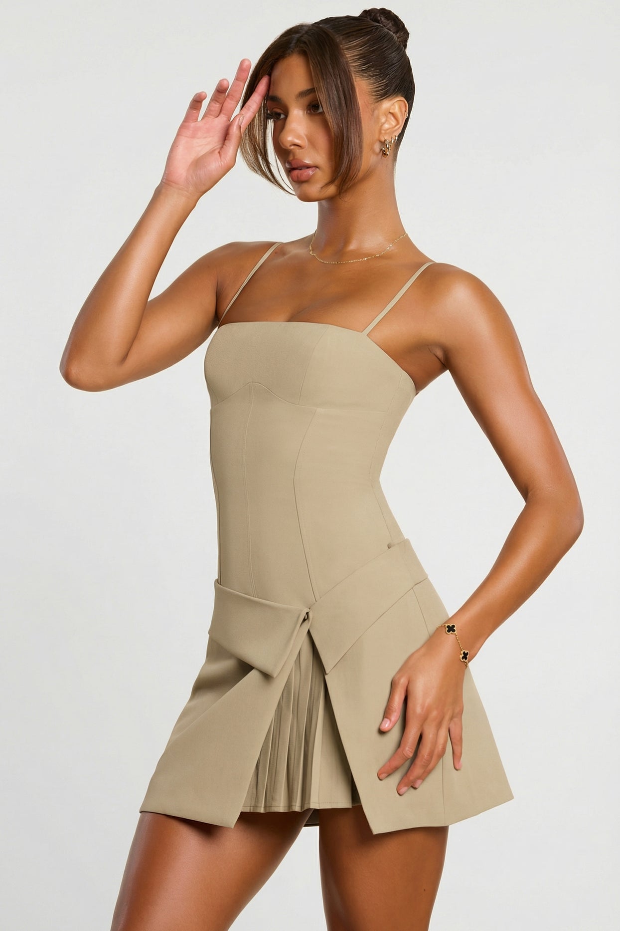 Woven Twill Wrap Over Pleated Mini Dress in Taupe - 3