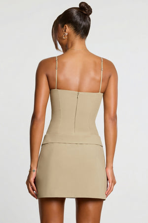 Oh Polly's Kiele wearing the Bruna Mini Dress in Taupe Twill Suiting fabric perfect for a stylish event
