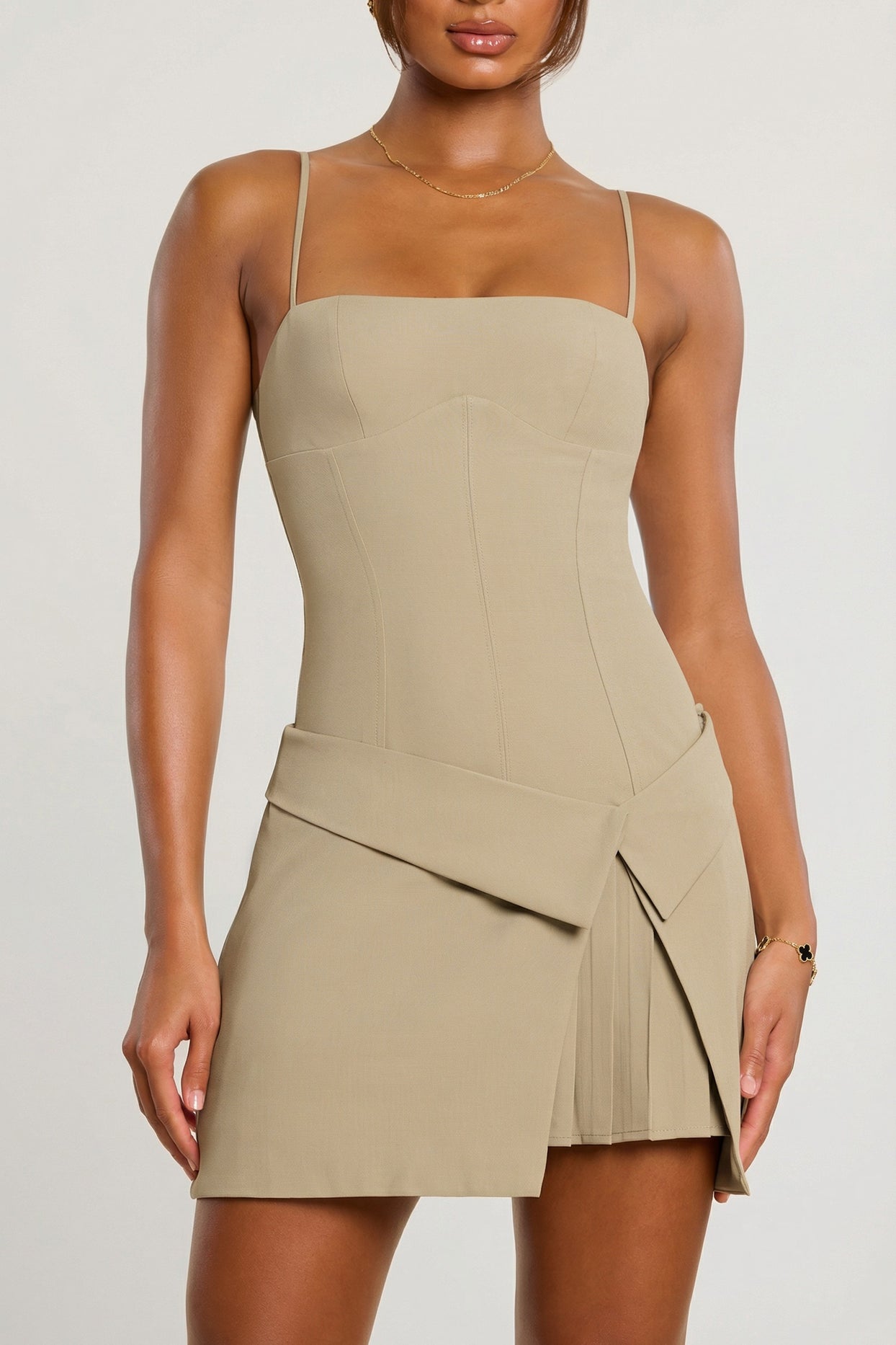 Woven Twill Wrap Over Pleated Mini Dress in Taupe - 6