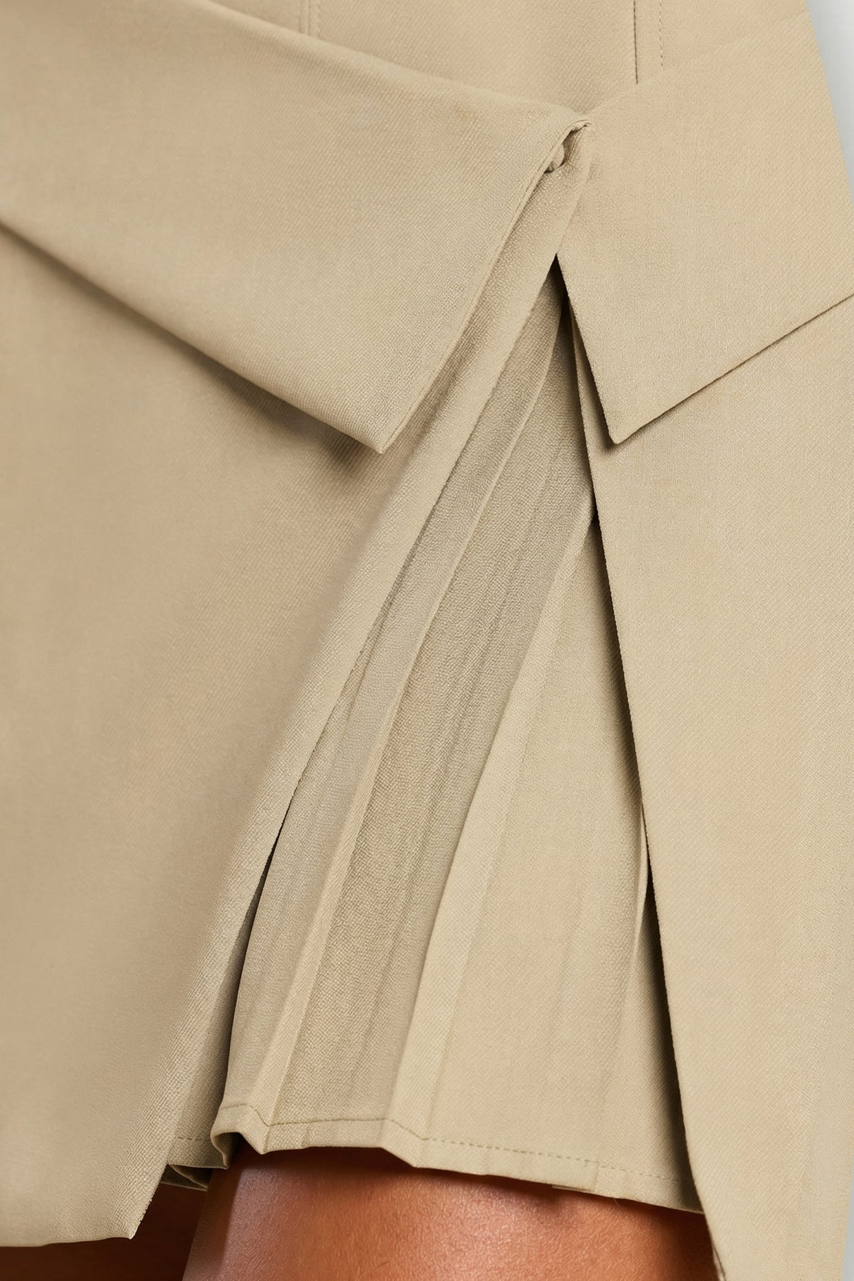 Woven Twill Wrap Over Pleated Mini Dress in Taupe - 7