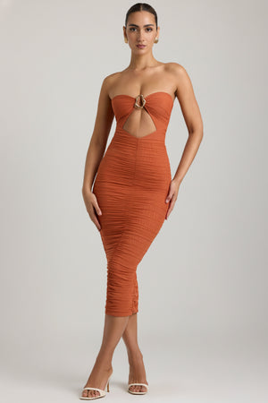 Ruched Hardware Detail Strapless Midaxi Dress in Burnt Orange