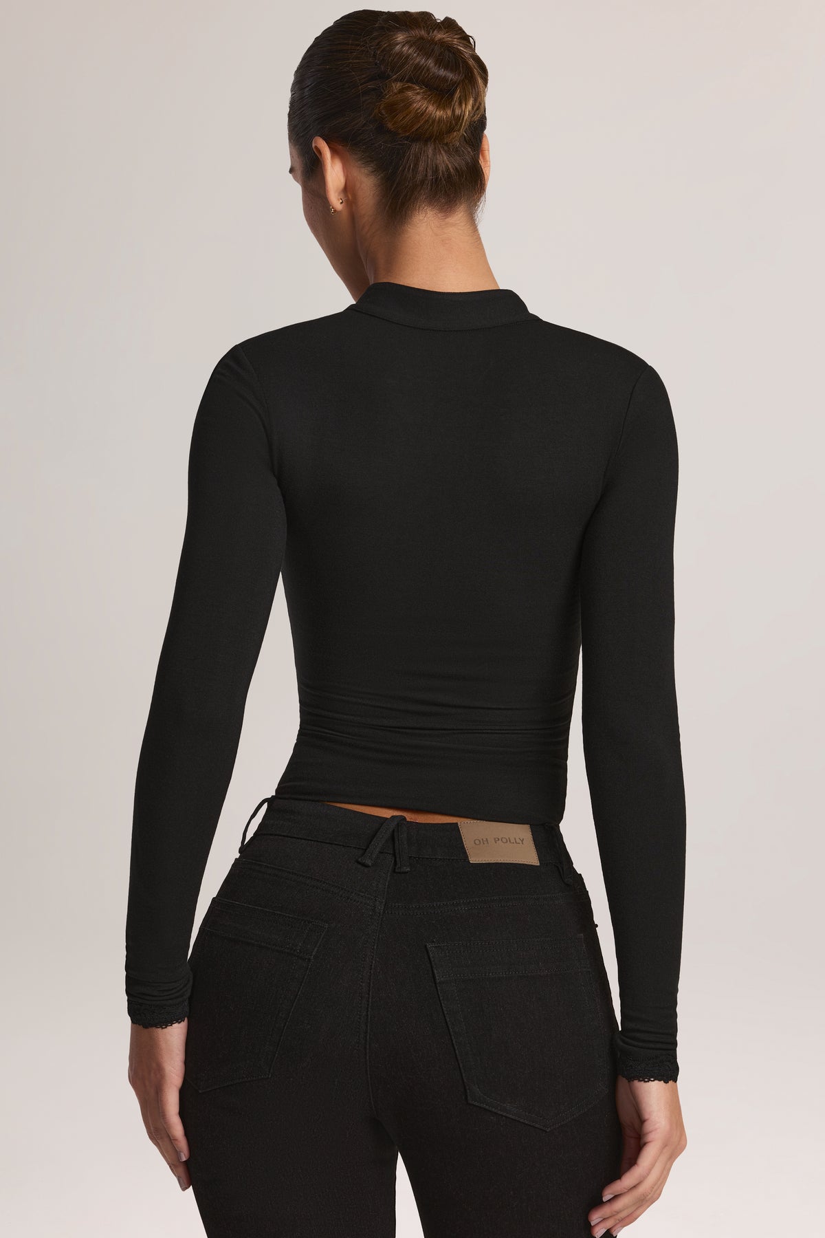 Modal Lace-Trim Long-Sleeve Top in Black