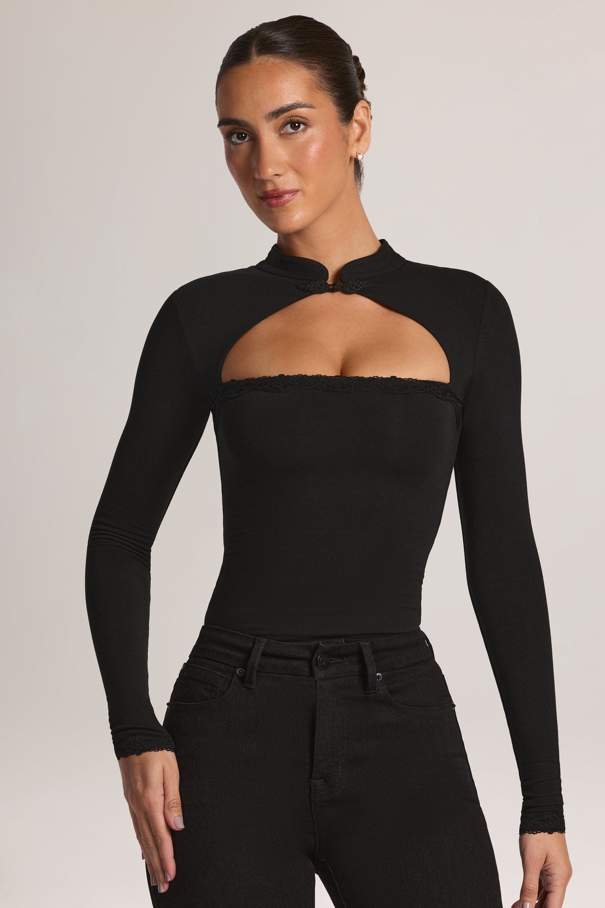 Modal Lace-Trim Long-Sleeve Top in Black - 2