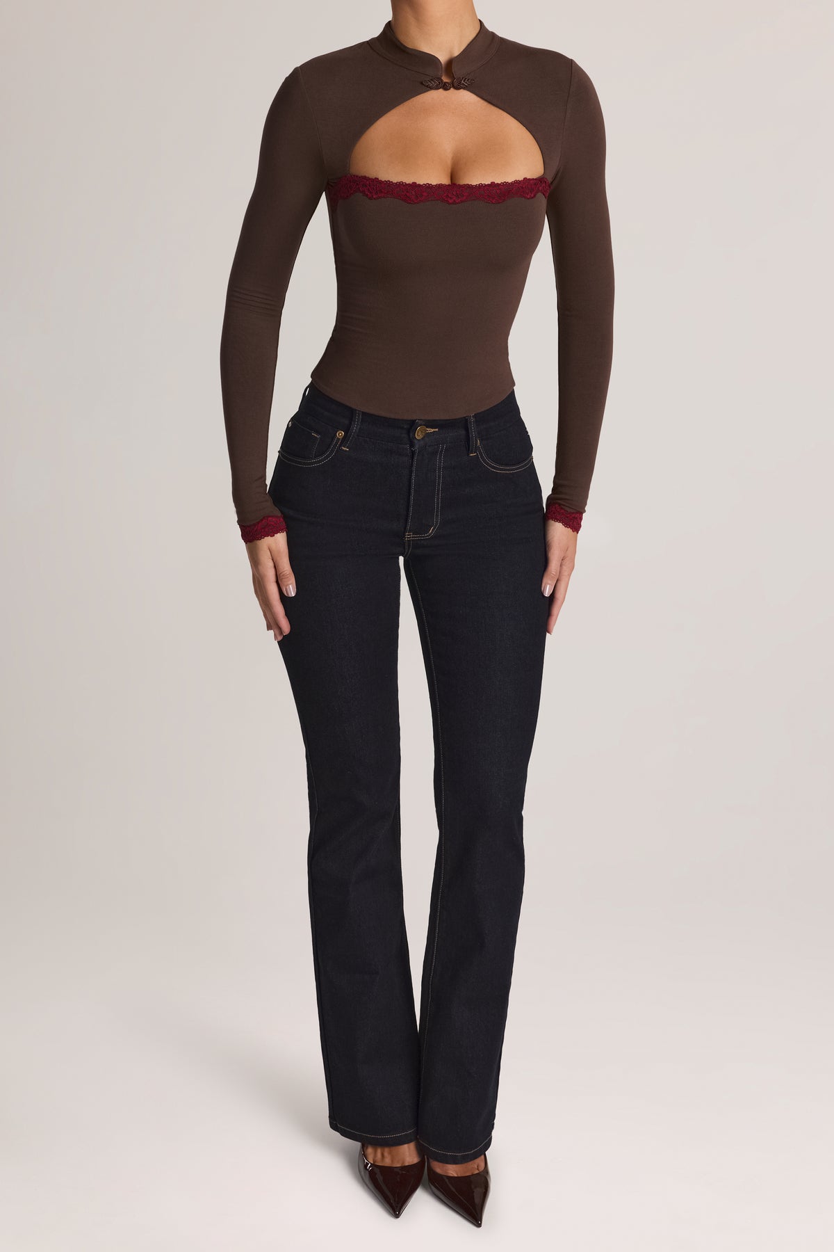 Modal Lace-Trim Long-Sleeve Top in Chocolate Brown