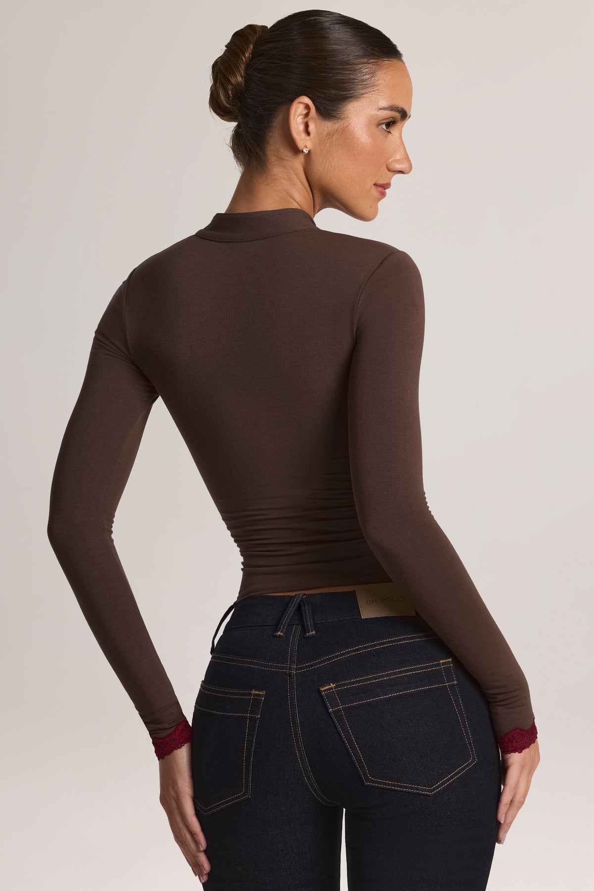 Modal Lace-Trim Long-Sleeve Top in Chocolate Brown