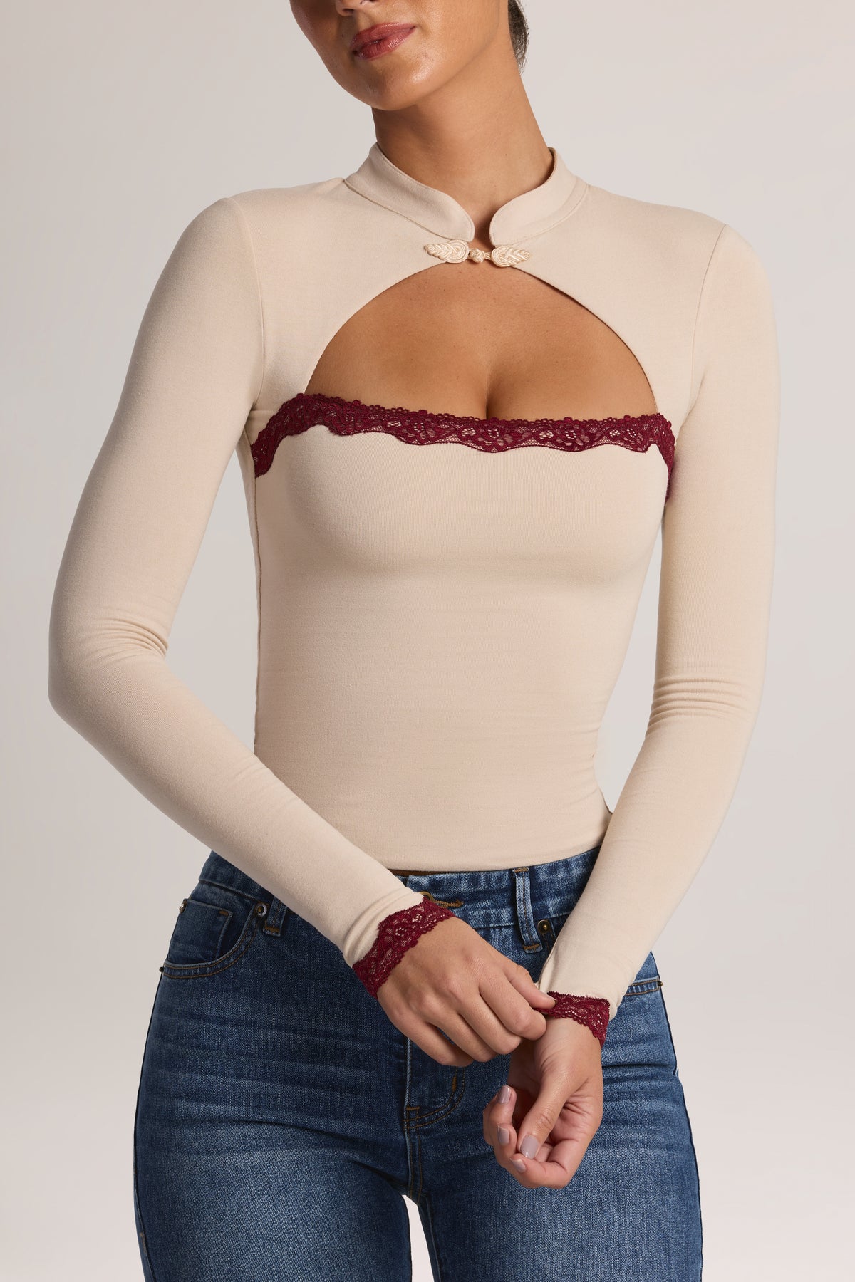 Modal Lace-Trim Long-Sleeve Top in Oat