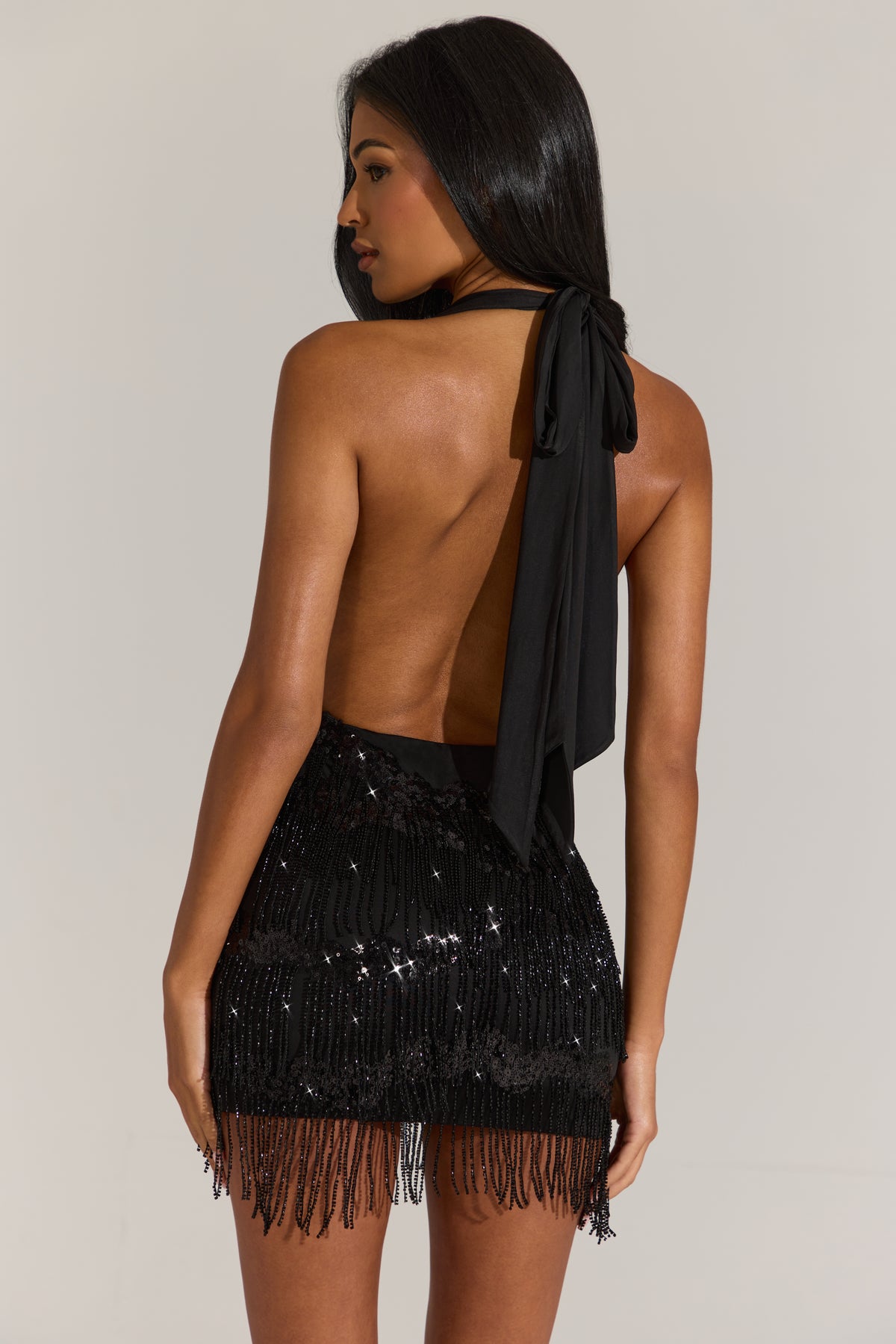 Fringed Skirt Halterneck Mini Dress in Black
