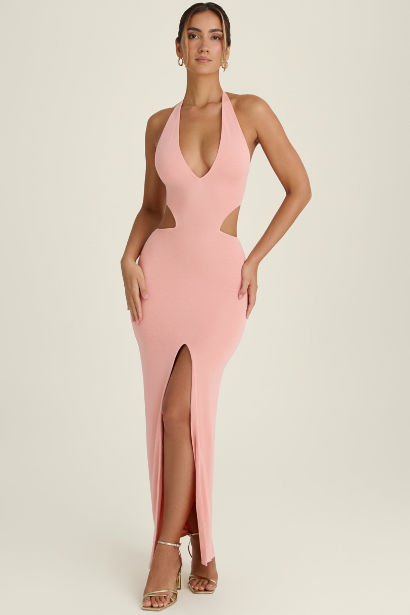 Cut-Out Halterneck Maxi Dress in Apricot Pink - 1