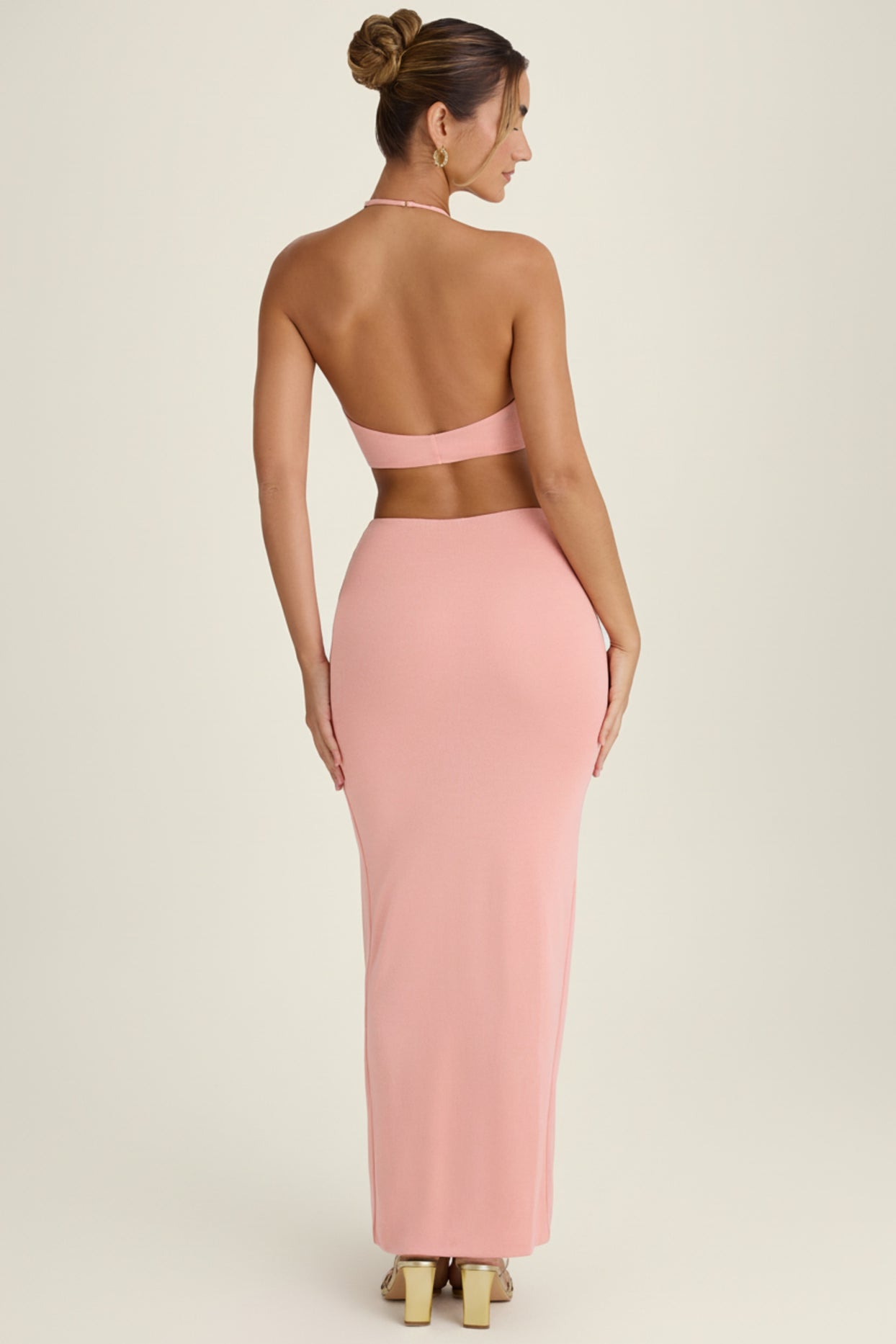 Cut-Out Halterneck Maxi Dress in Apricot Pink - 2