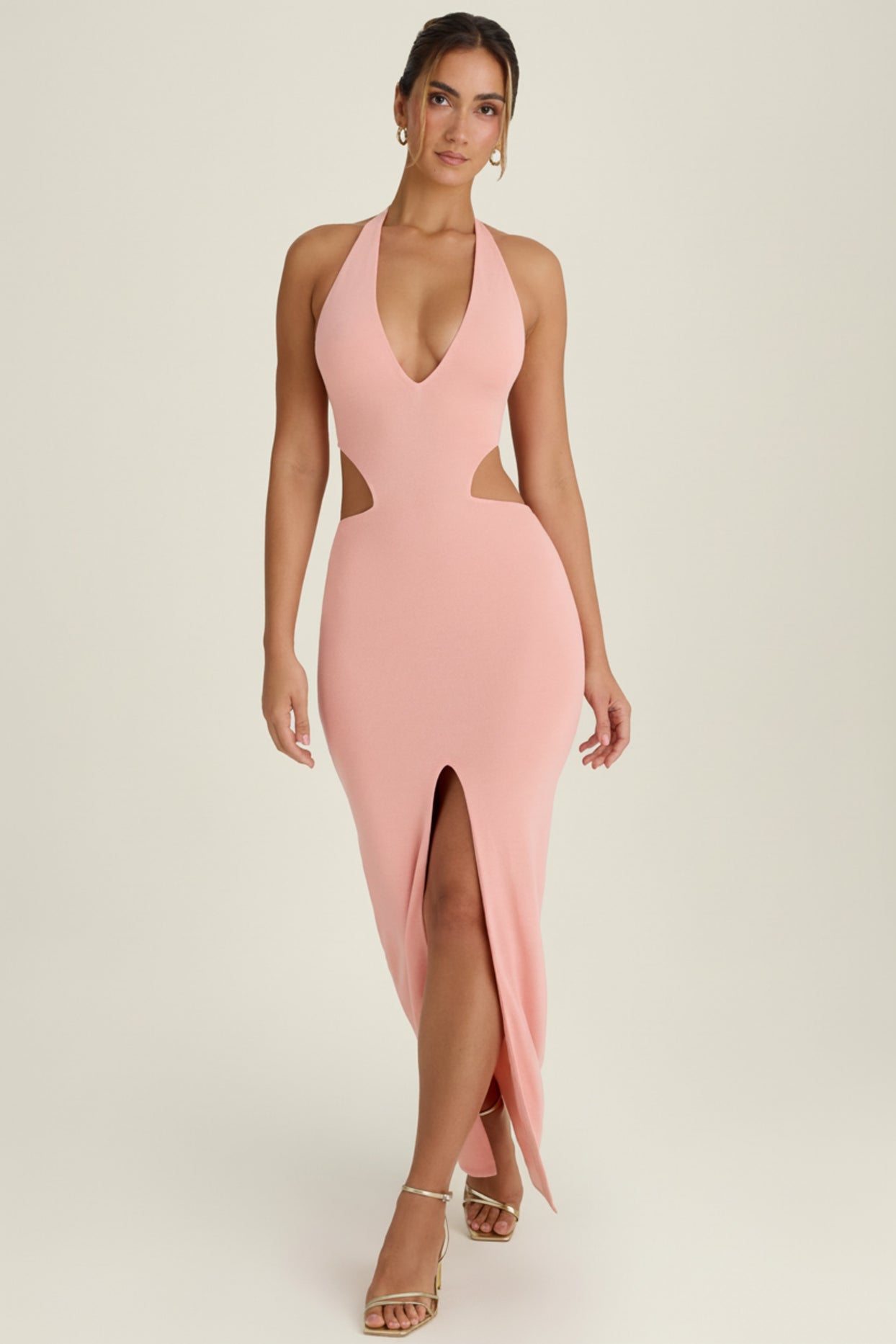 Cut-Out Halterneck Maxi Dress in Apricot Pink - 5