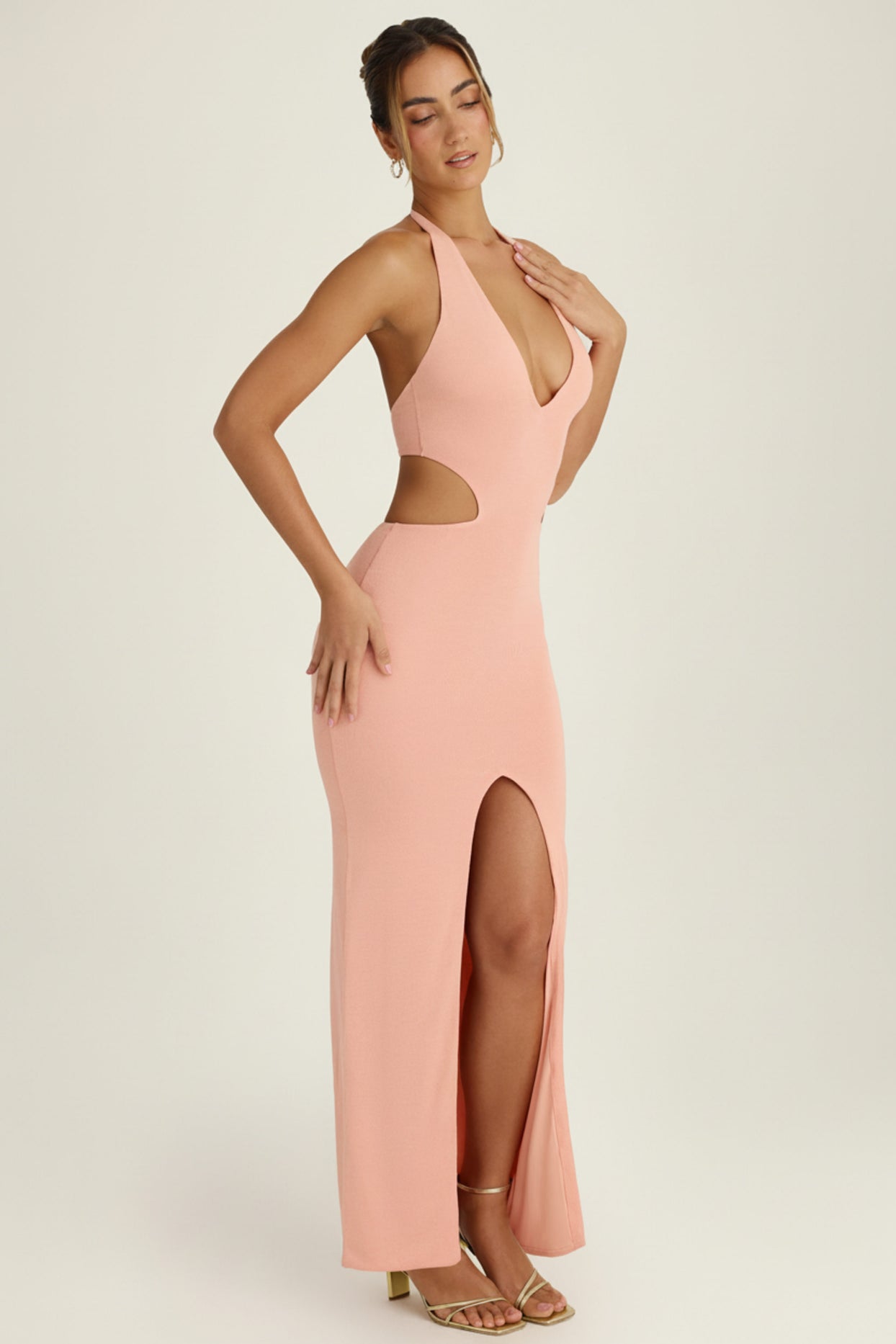 Cut-Out Halterneck Maxi Dress in Apricot Pink - 6