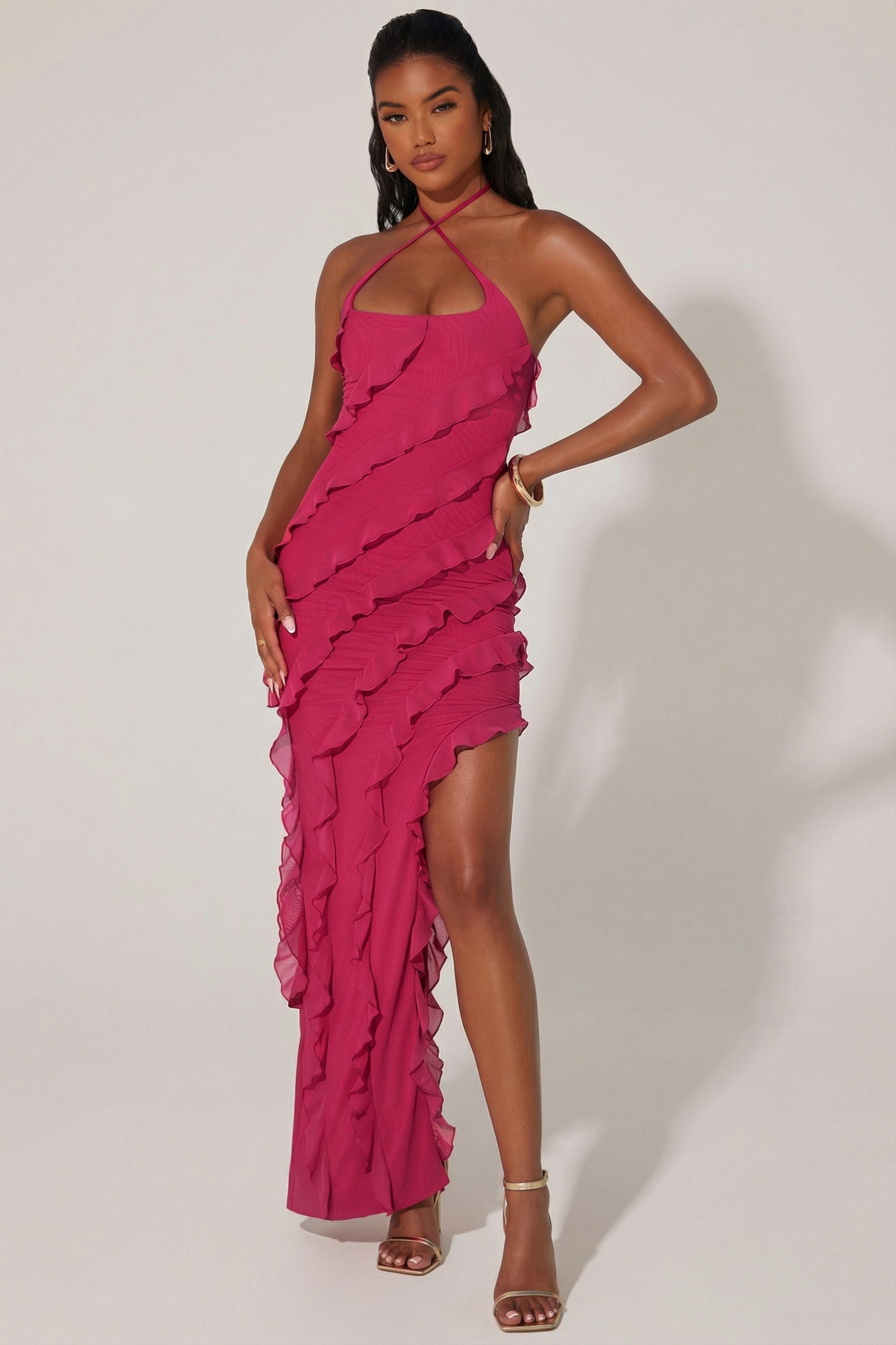 Cross Strap Ruffle Floor Length Dress in Fuchsia - 1